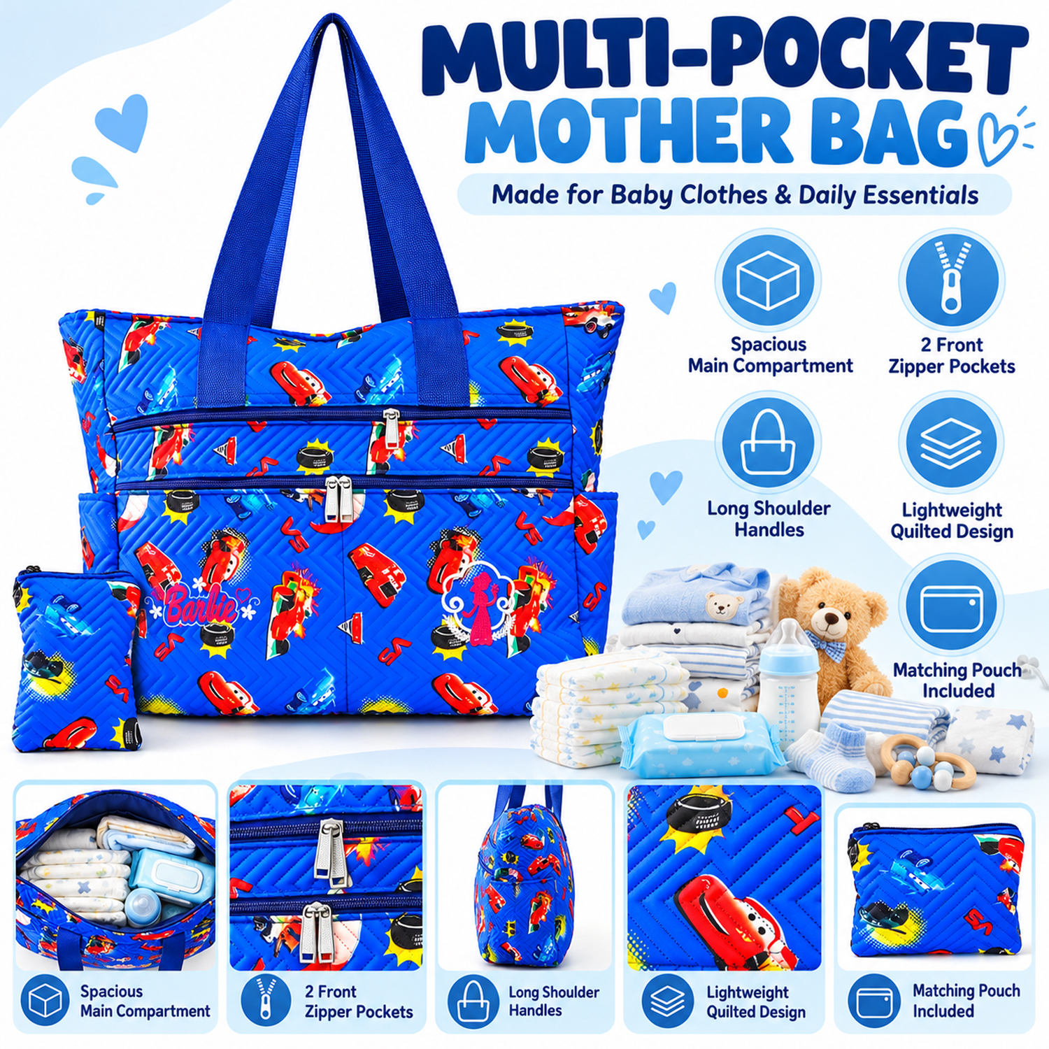 Blue Quilted Mother Bag with Matching Pouch (Pack of 3)