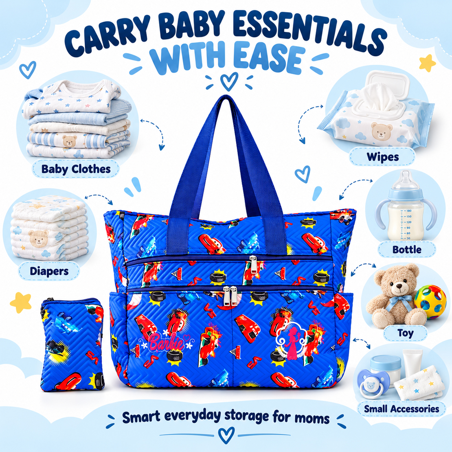 Blue Quilted Mother Bag with Matching Pouch (Pack of 3)