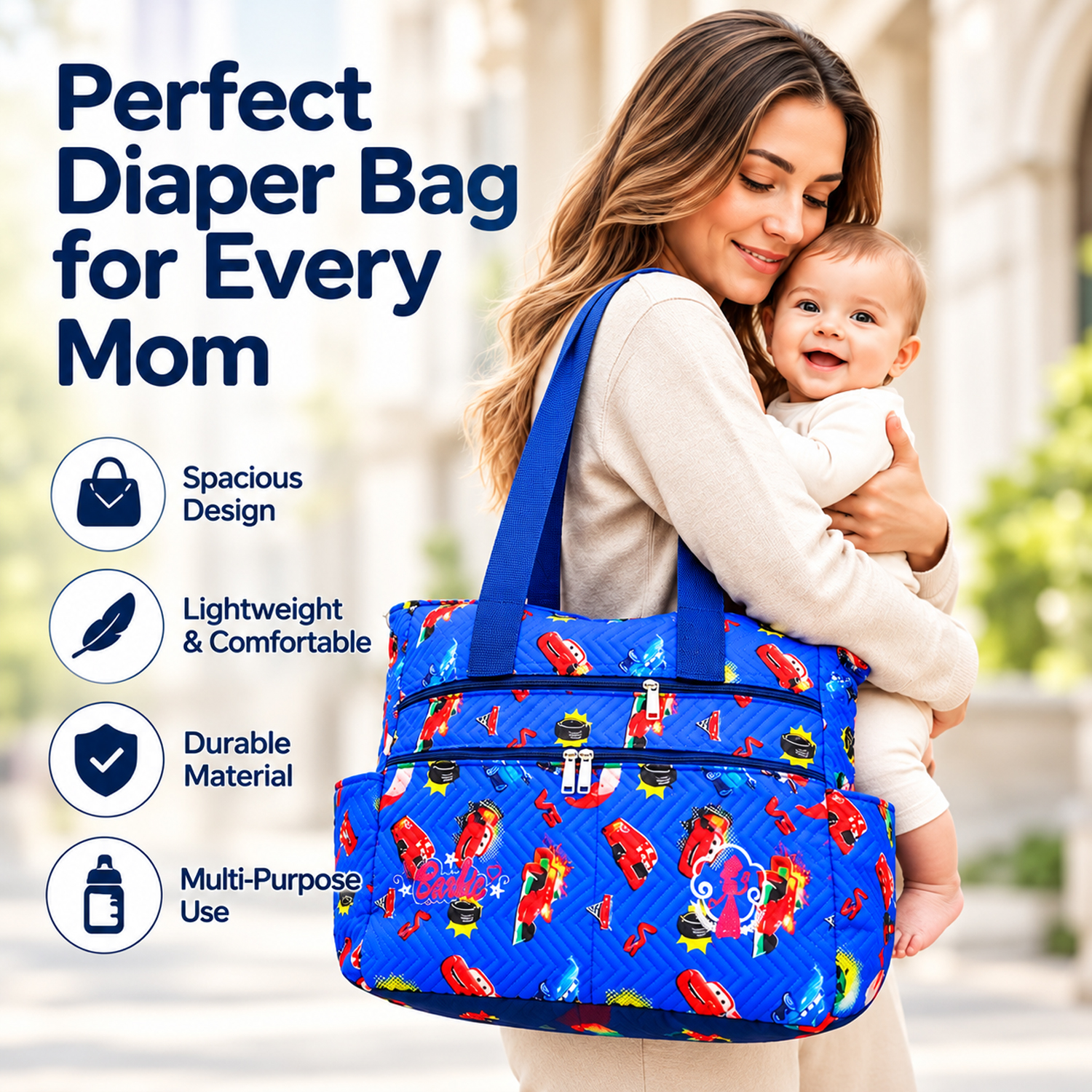 Blue Quilted Mother Bag with Matching Pouch (Pack of 3)