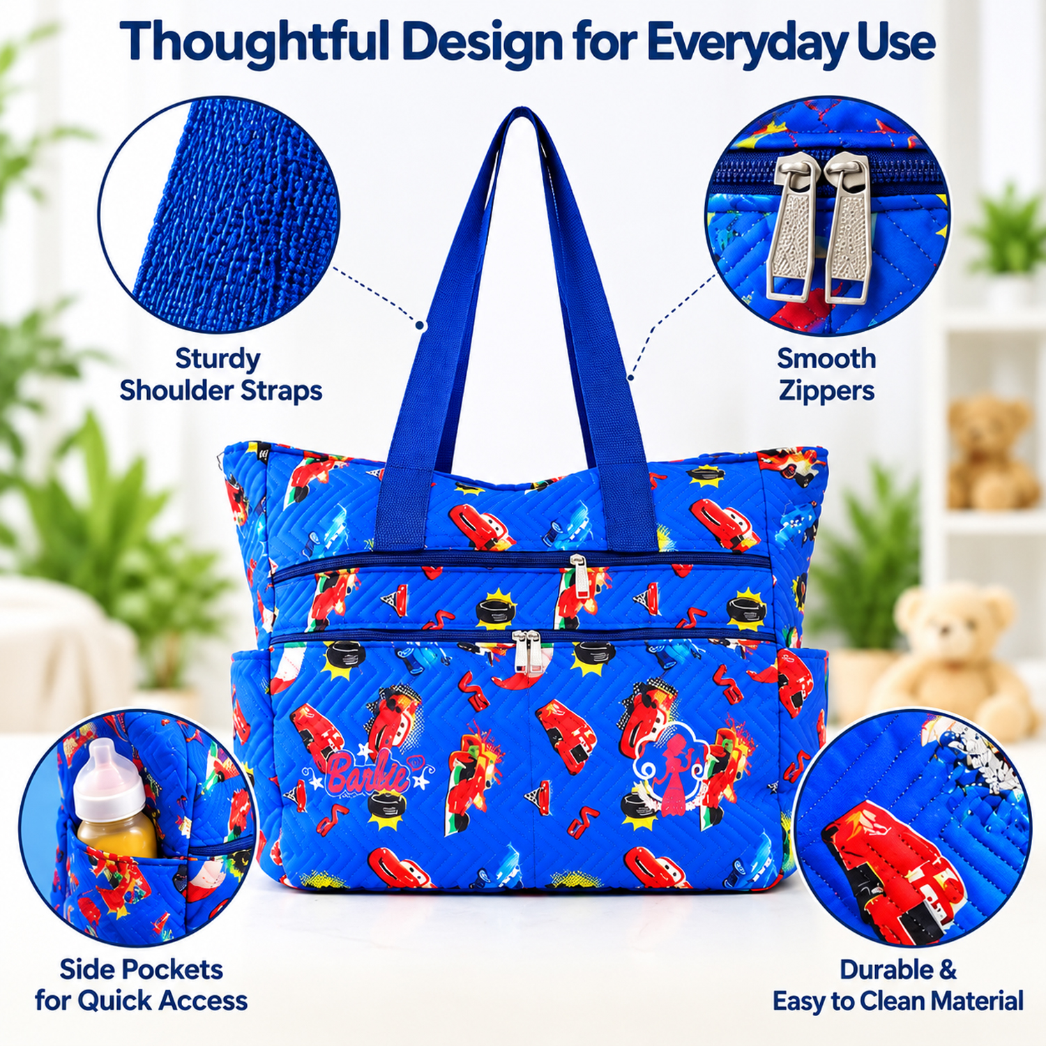 Blue Quilted Mother Bag with Matching Pouch (Pack of 3)