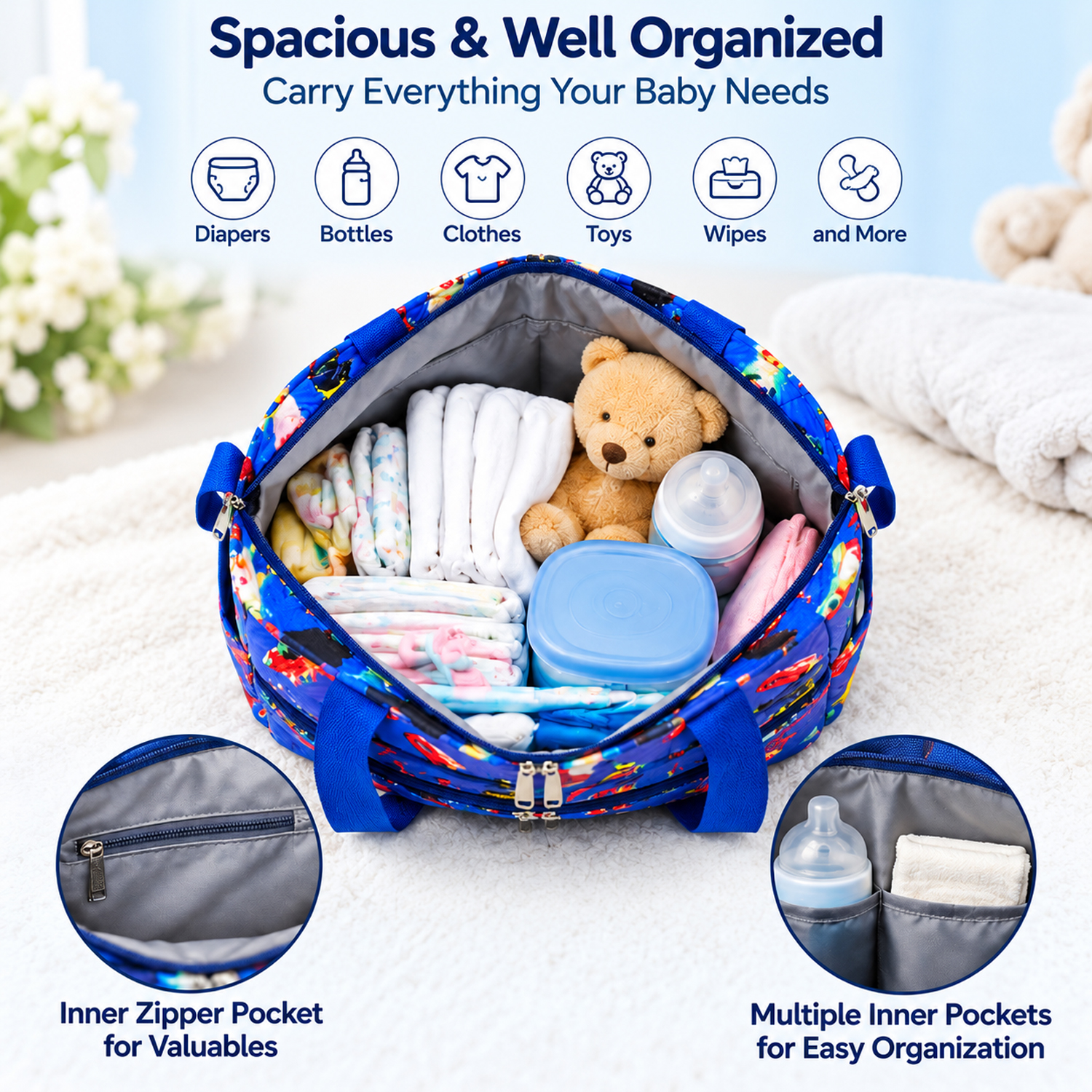 Blue Quilted Mother Bag with Matching Pouch (Pack of 3)