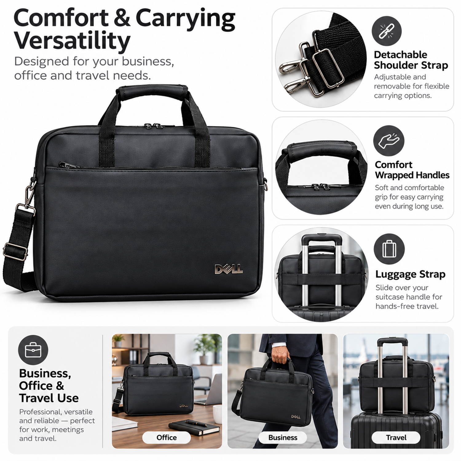 Dell Office File Briefcase Leather Laptop Bag -with Removable Shoulder Strap