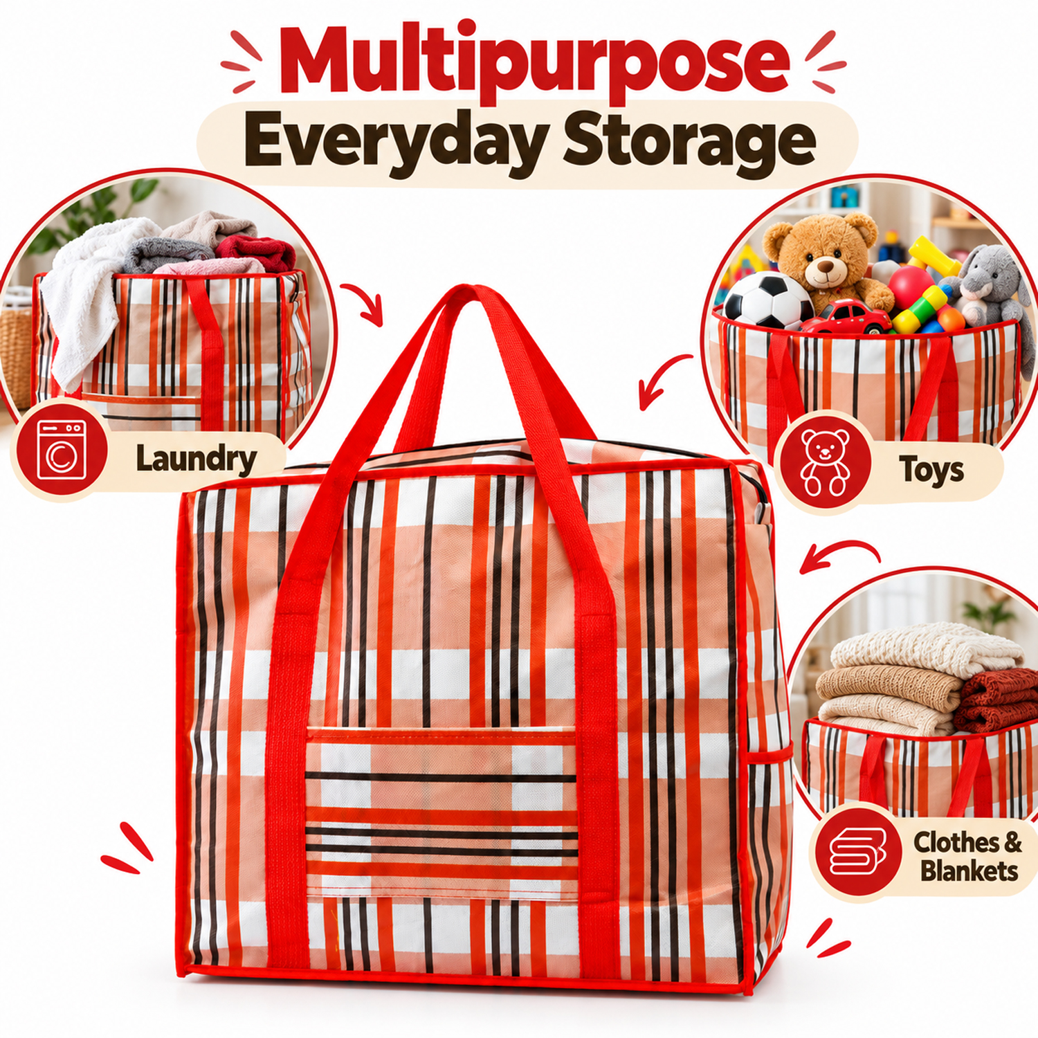 Large Capacity Multipurpose Storage Bag with Zipper Closure, Carry Handles & Side Pocket – (Pack of 3)