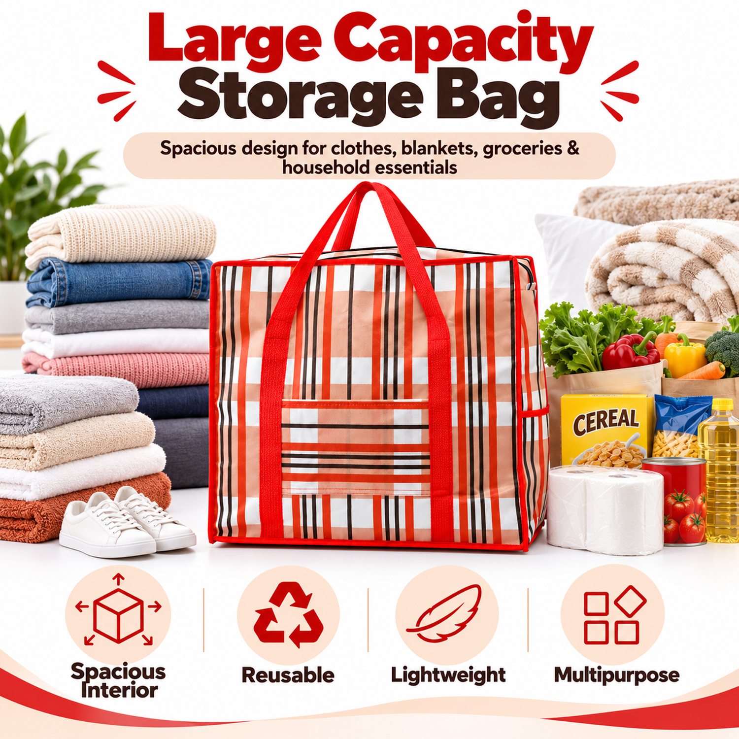 Large Capacity Multipurpose Storage Bag with Zipper Closure, Carry Handles & Side Pocket – (Pack of 3)