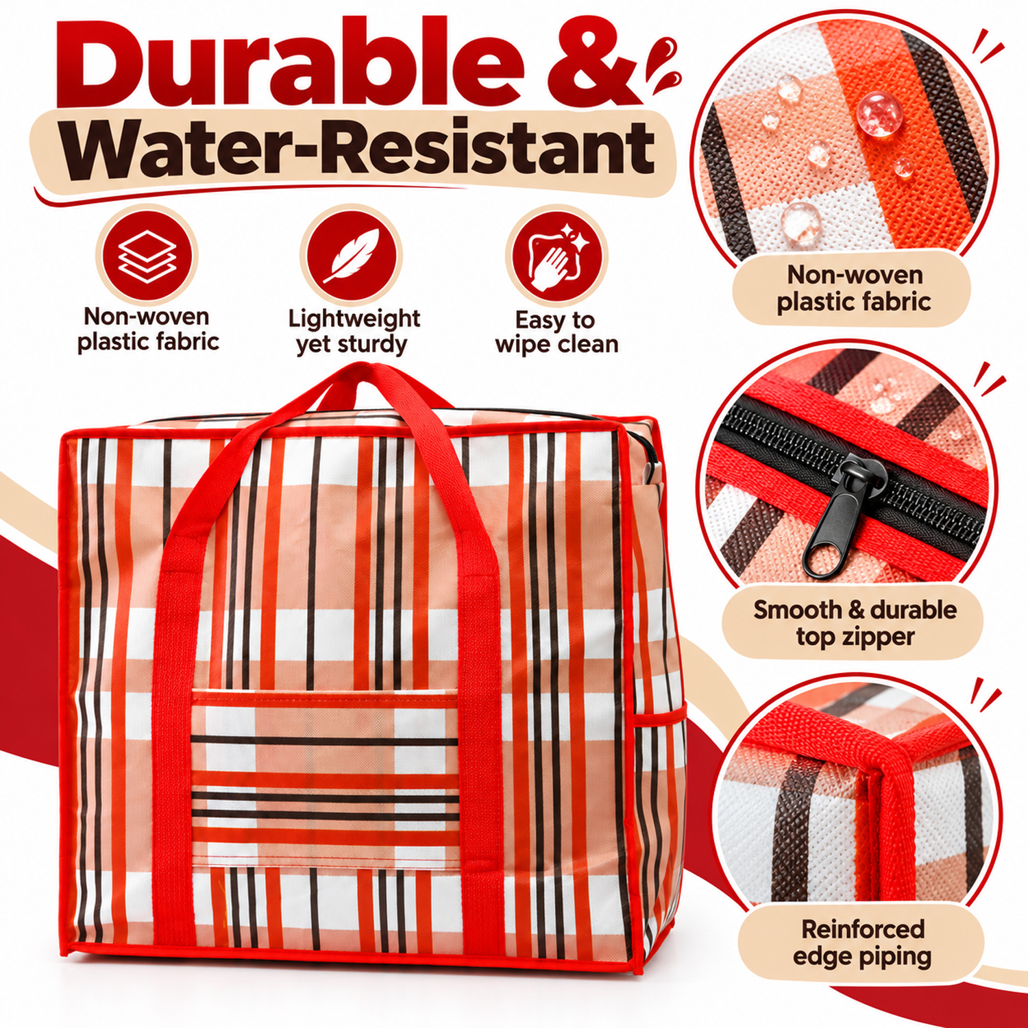 Large Capacity Multipurpose Storage Bag with Zipper Closure, Carry Handles & Side Pocket – (Pack of 3)