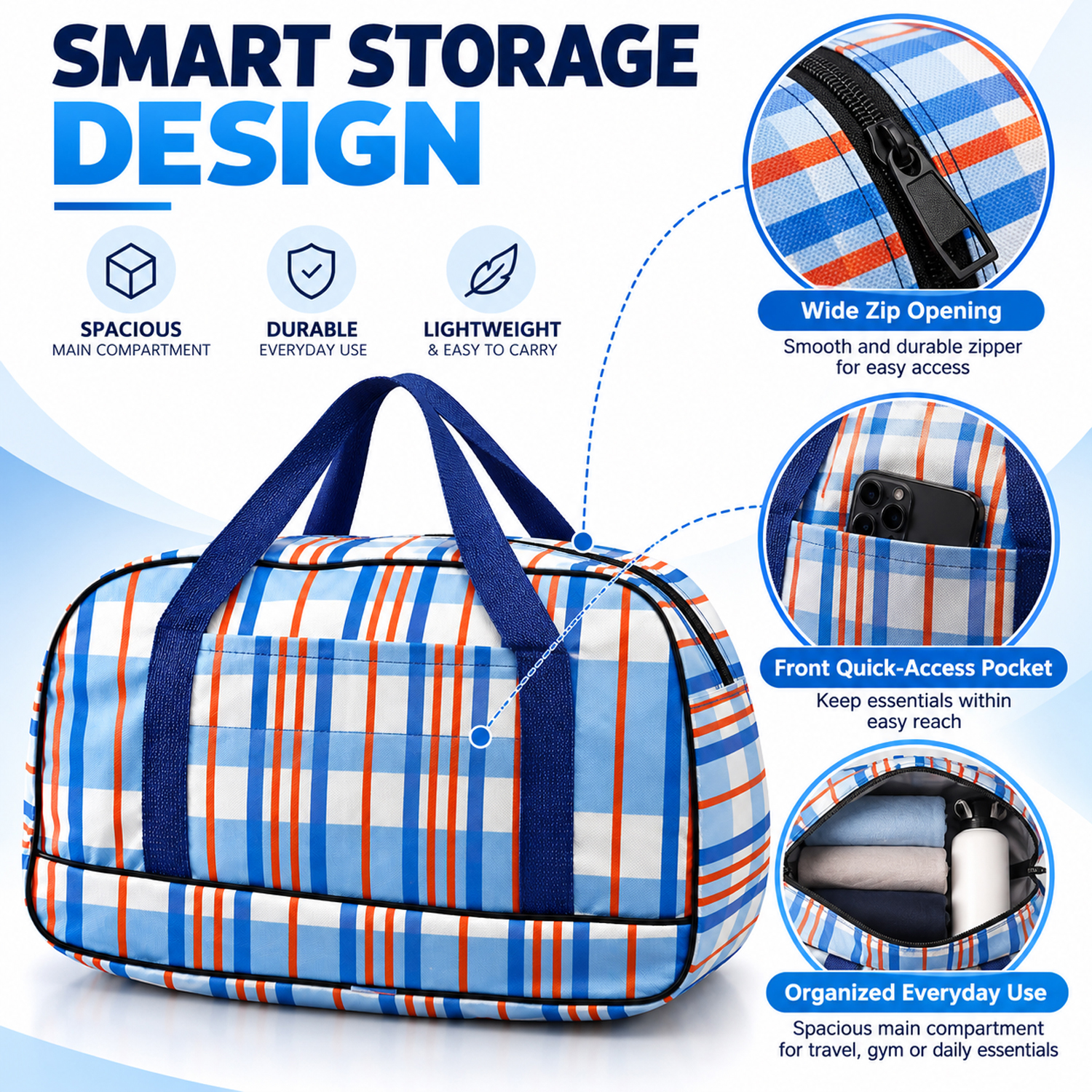 Blue Checkered Travel Duffel Bag with Zipper Closure, Front Pocket & Dual Carry Handles (Pack of 3)