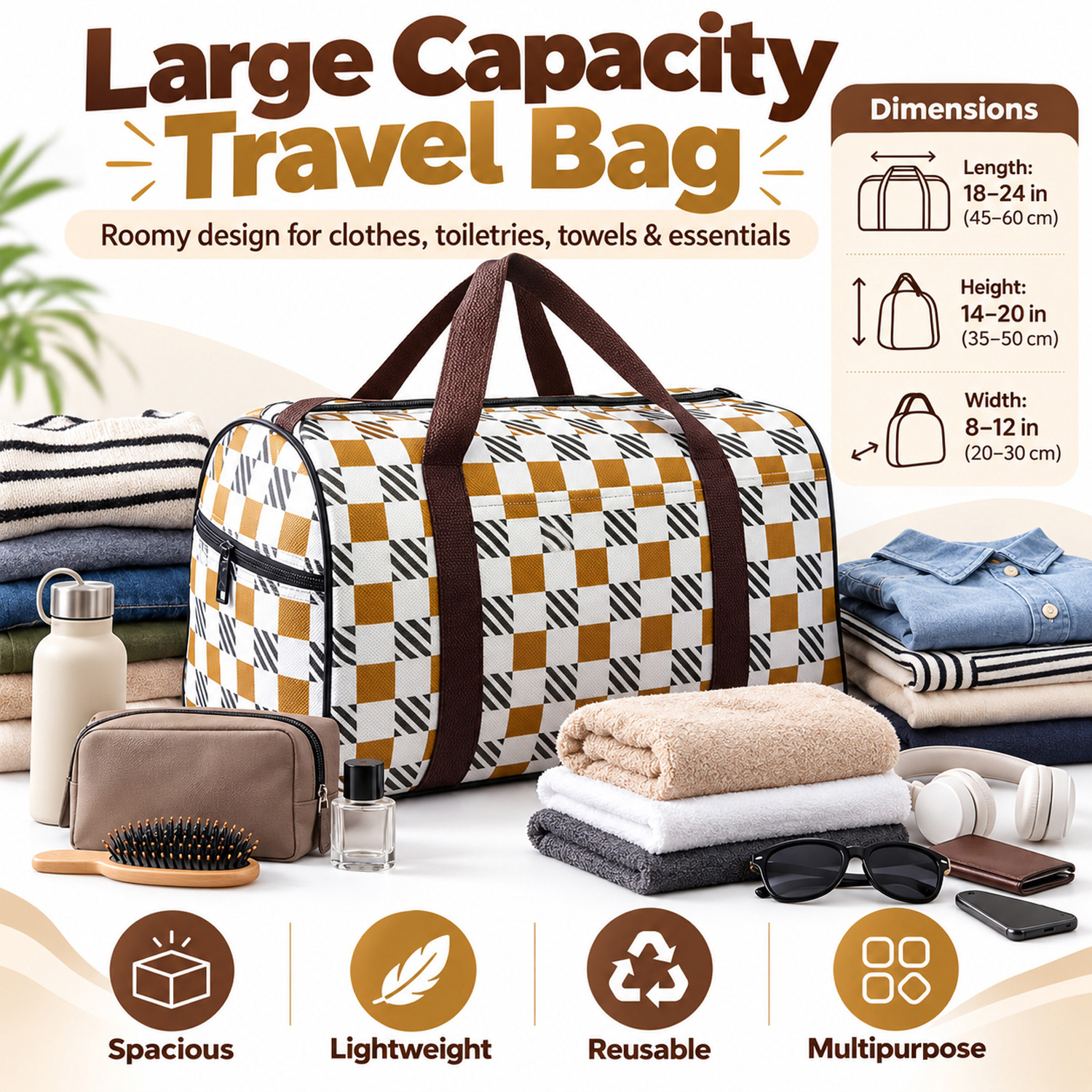 Multipurpose Travel Duffel Bag with Zipper Closure, Carry Handles & Pockets – Brown Checkered Design