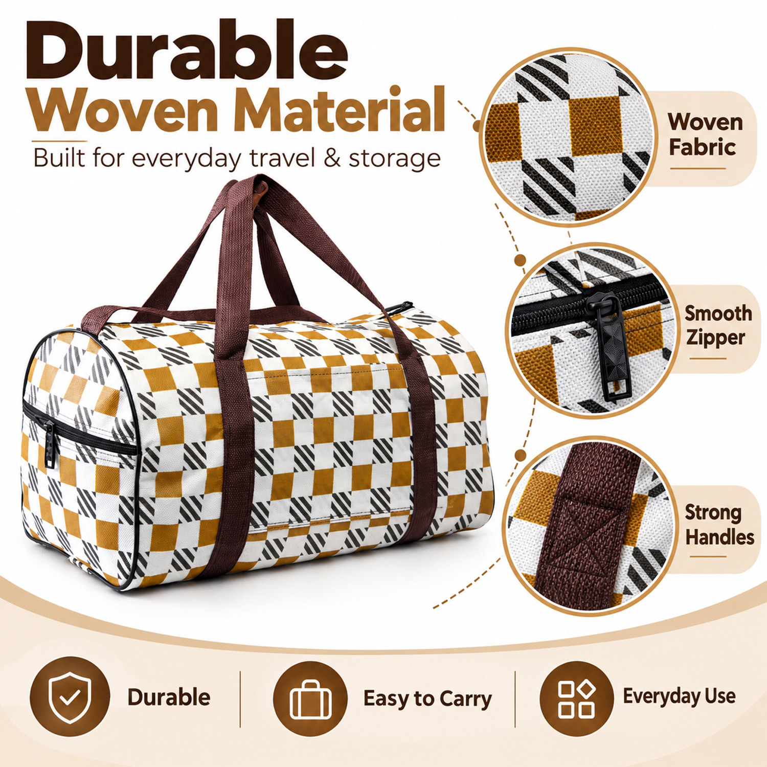 Multipurpose Travel Duffel Bag with Zipper Closure, Carry Handles & Pockets – Brown Checkered Design