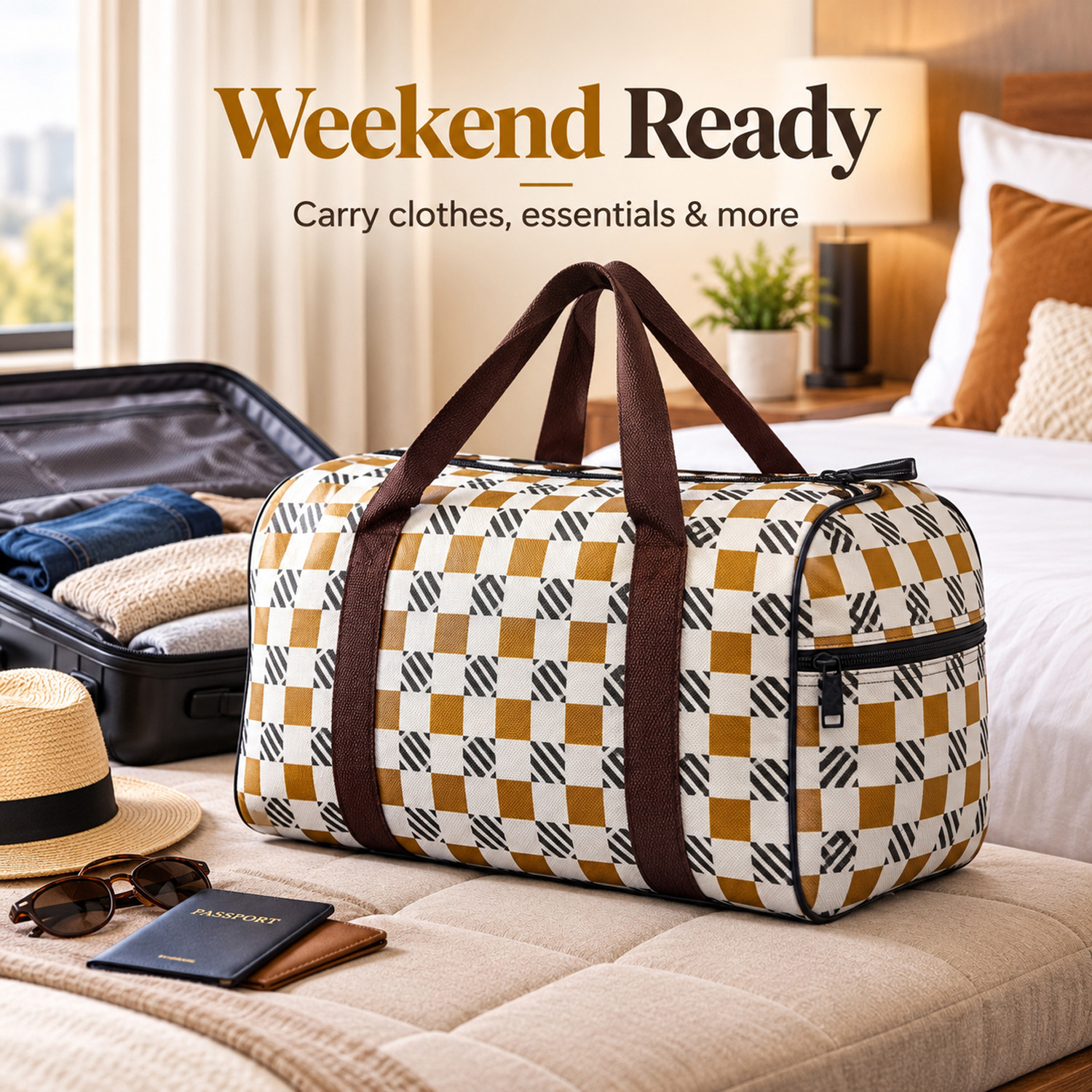 Multipurpose Travel Duffel Bag with Zipper Closure, Carry Handles & Pockets – Brown Checkered Design