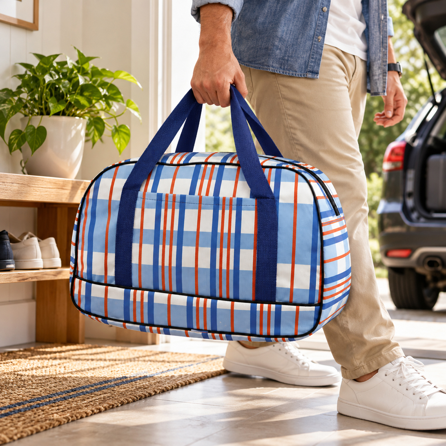 Blue Checkered Travel Duffel Bag with Zipper Closure, Front Pocket & Dual Carry Handles (Pack of 3)