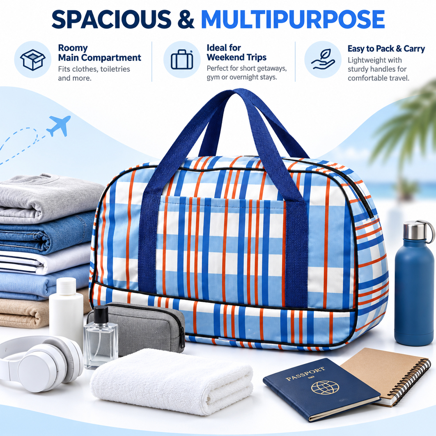 Blue Checkered Travel Duffel Bag with Zipper Closure, Front Pocket & Dual Carry Handles (Pack of 3)