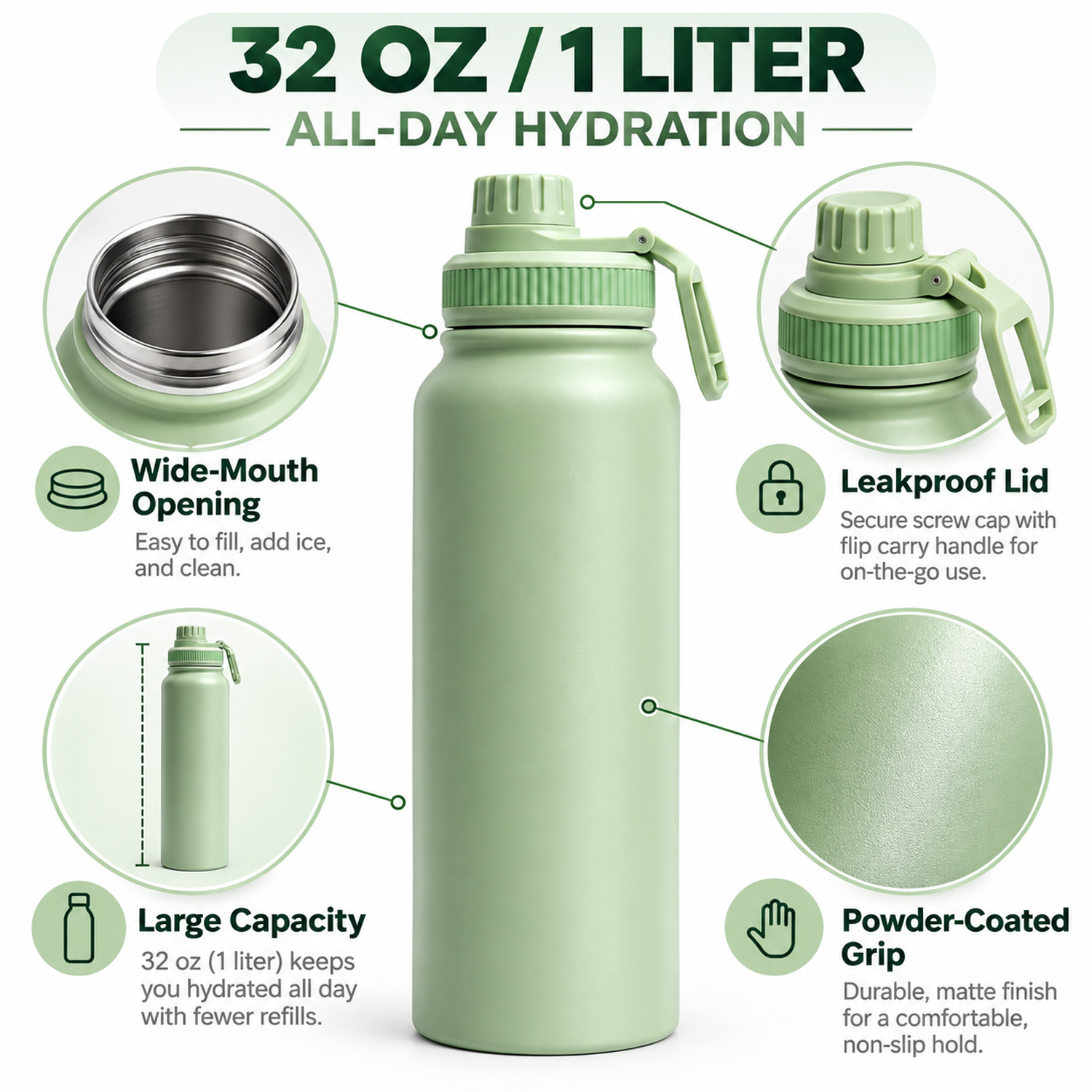 Insulated Metal Stainless Steel Water Bottle Mint Green