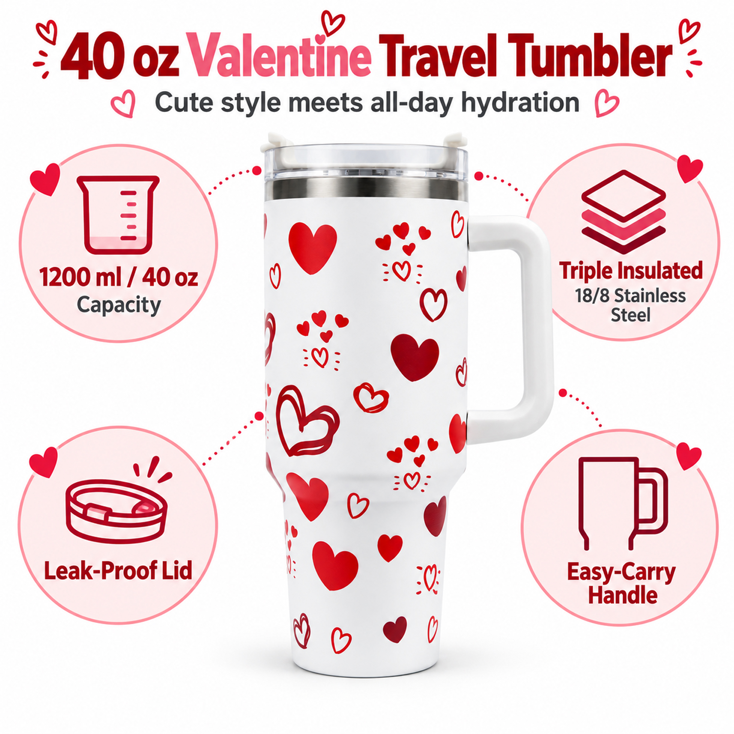 Valentine's Day Tumbler Gifts for Women Girls, Red Hearts Stainless Steel 1200ml Tumblers with Handle and Straw, Anniversary and love Wedding Water Bottle