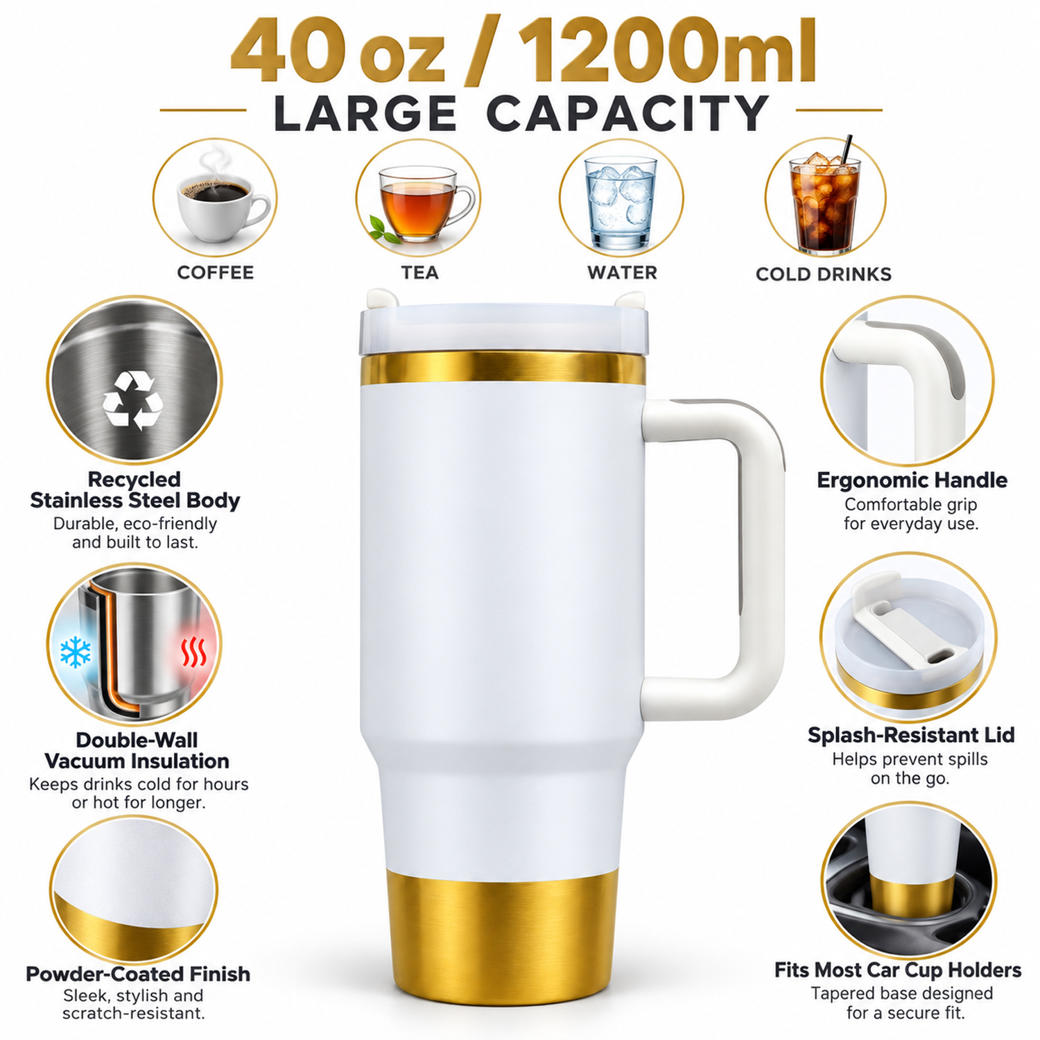 40 oz 1200ml Vacuum Insulated Tumbler - Recycled Stainless Steel Double Wall Travel with Dual Lid, Powder Coated Insulated Coffee Mug For Hot Cold Drinks, color gold white