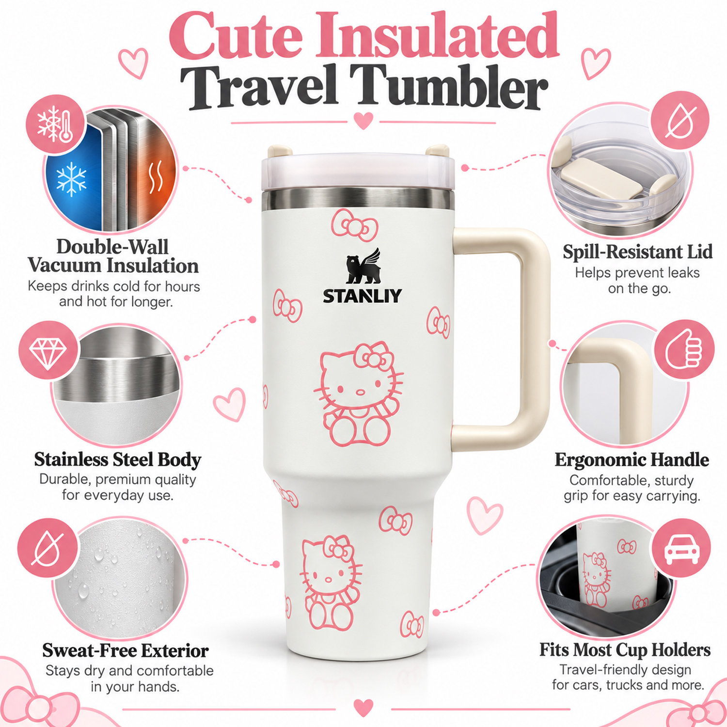 Stanley Insulated Tumbler with Handle –Stainless Steel Travel Mug, Keeps Drinks Cold 11 Hours & Hot 8 Hours (White Kitty)