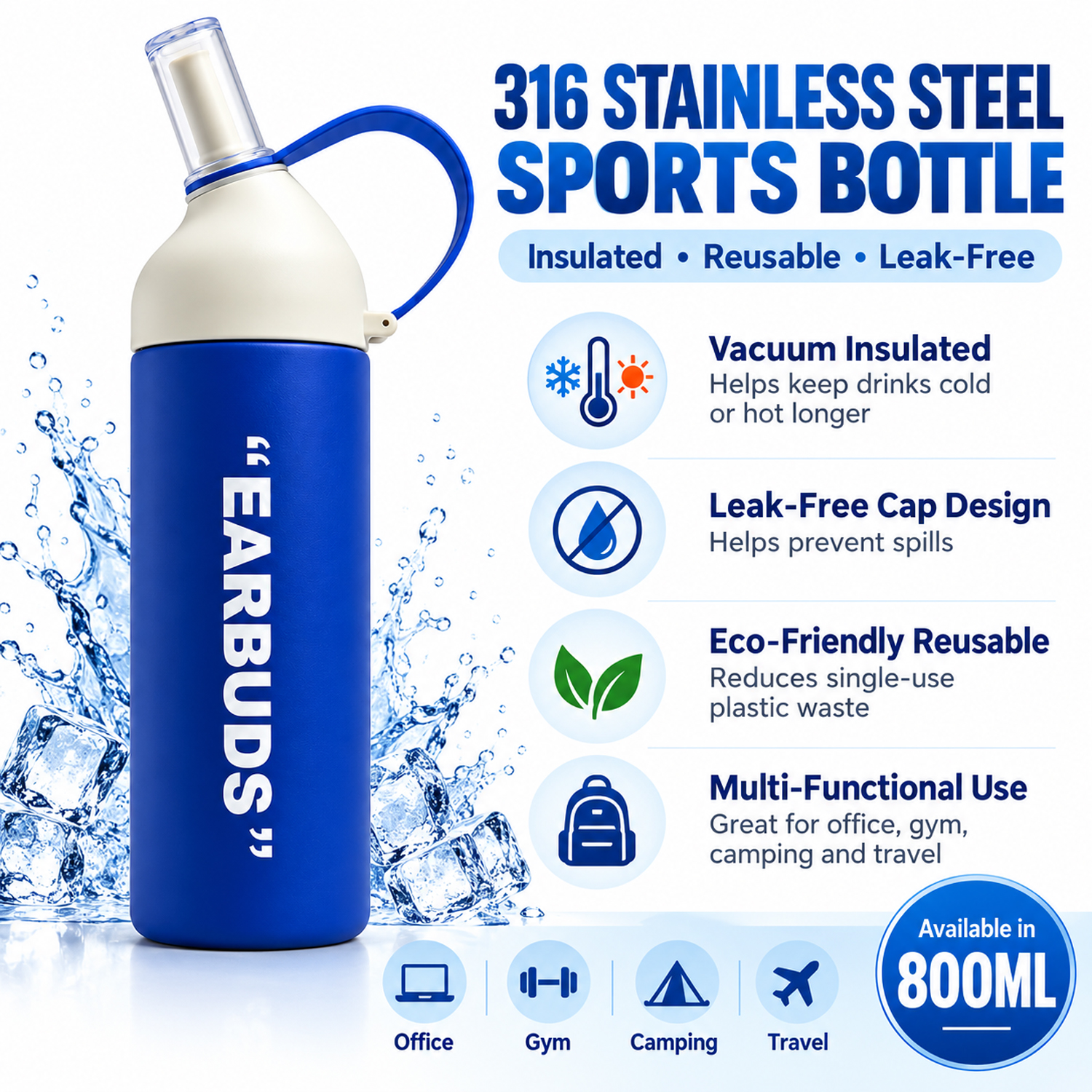 Sports water bottle - stainless steel insulated cup