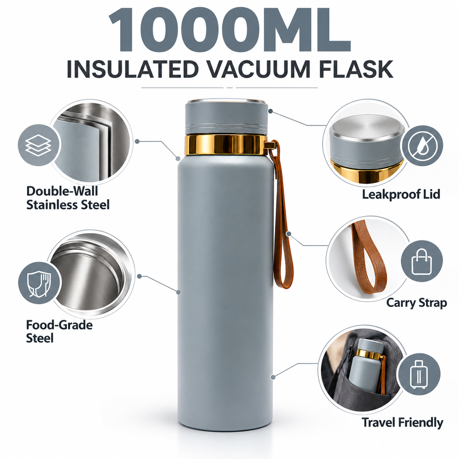 Water Bottle | Leakproof Stainless Steel Water Vacuum Flask 1000ml Grey color