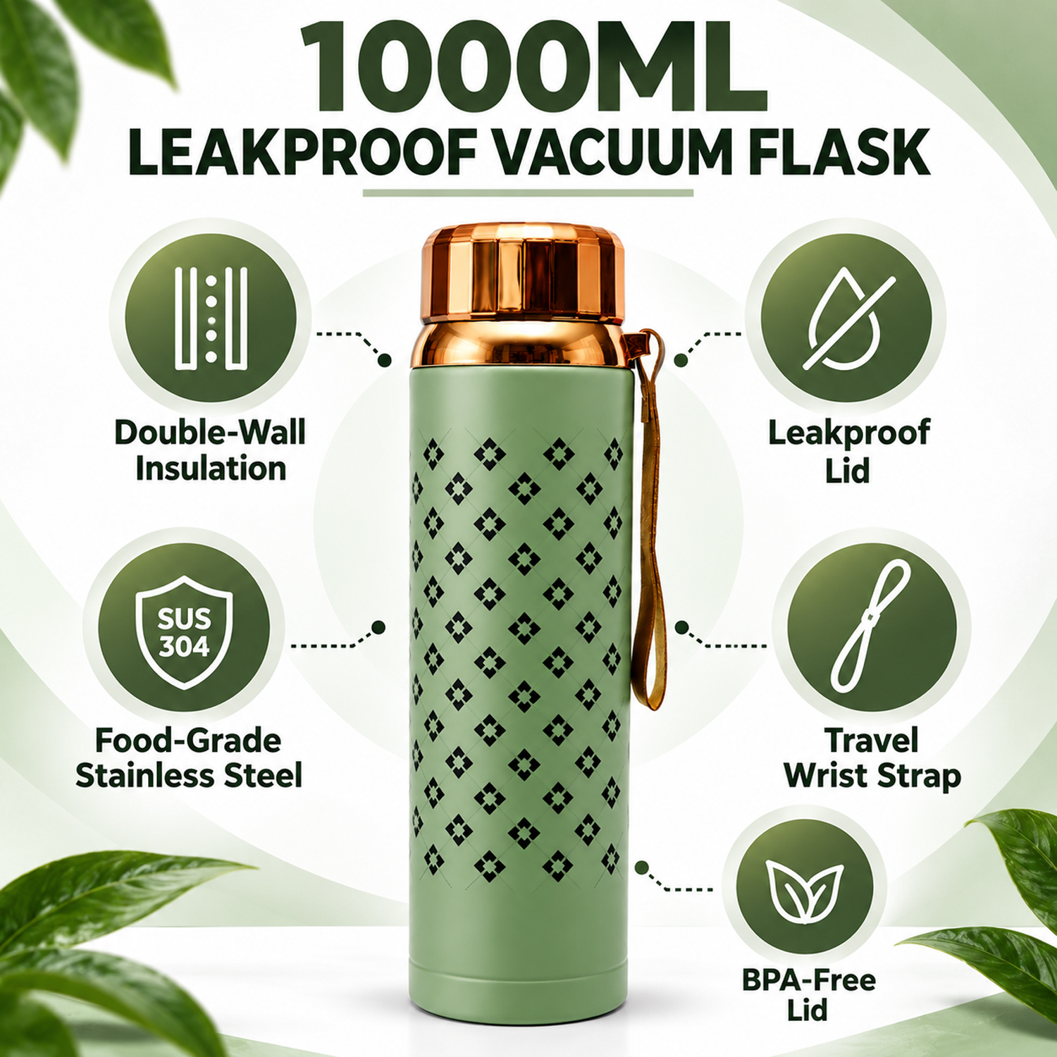 Water Bottle | Leakproof Stainless Steel Water Vacuum Flask 1000ml Grey color (Copy)