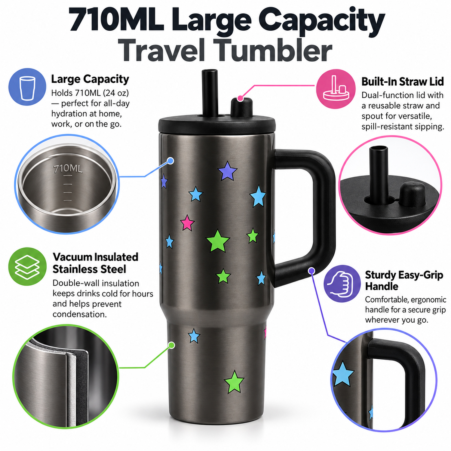 710ml Portability Tumbler with Handle Straw Lid Large Volume Stainless Steel Vacuum Insulated Cup Keep Cold Travel
