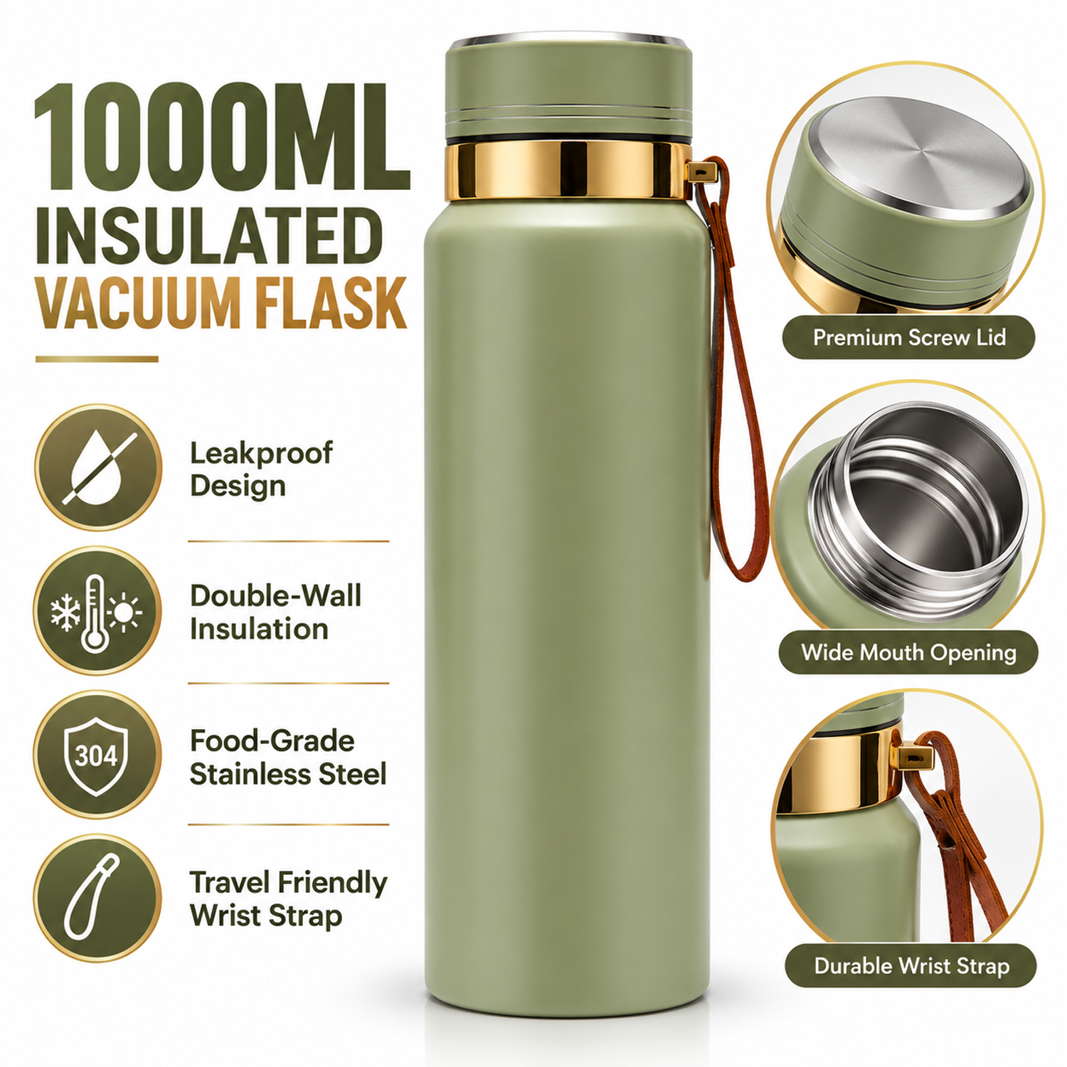 Water Bottle | Leakproof Stainless Steel Water Vacuum Flask 1000ml Olive
