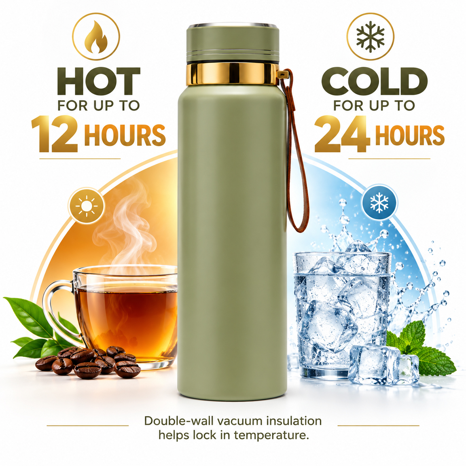 Water Bottle | Leakproof Stainless Steel Water Vacuum Flask 1000ml Olive
