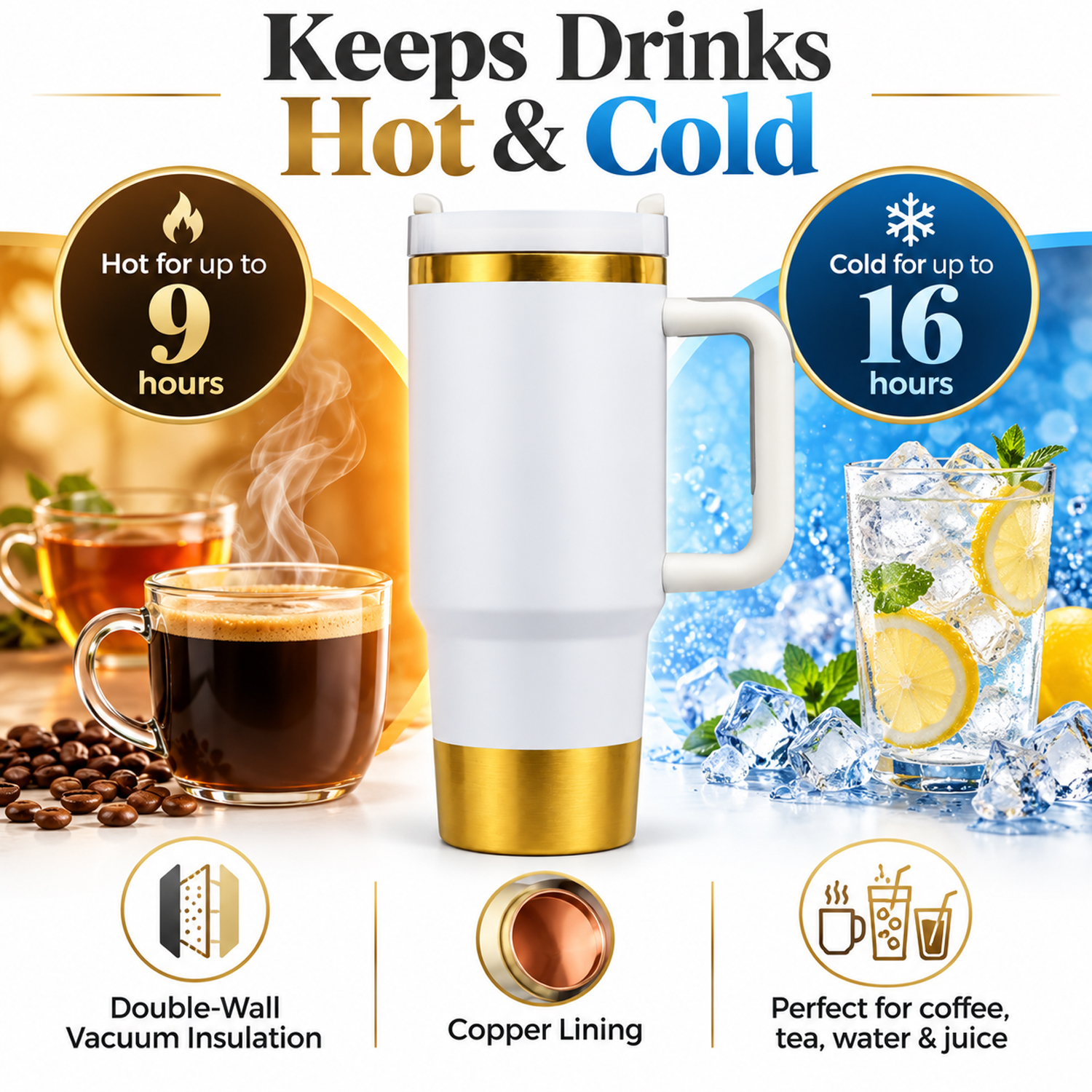 40 oz 1200ml Vacuum Insulated Tumbler - Recycled Stainless Steel Double Wall Travel with Dual Lid, Powder Coated Insulated Coffee Mug For Hot Cold Drinks, color gold white