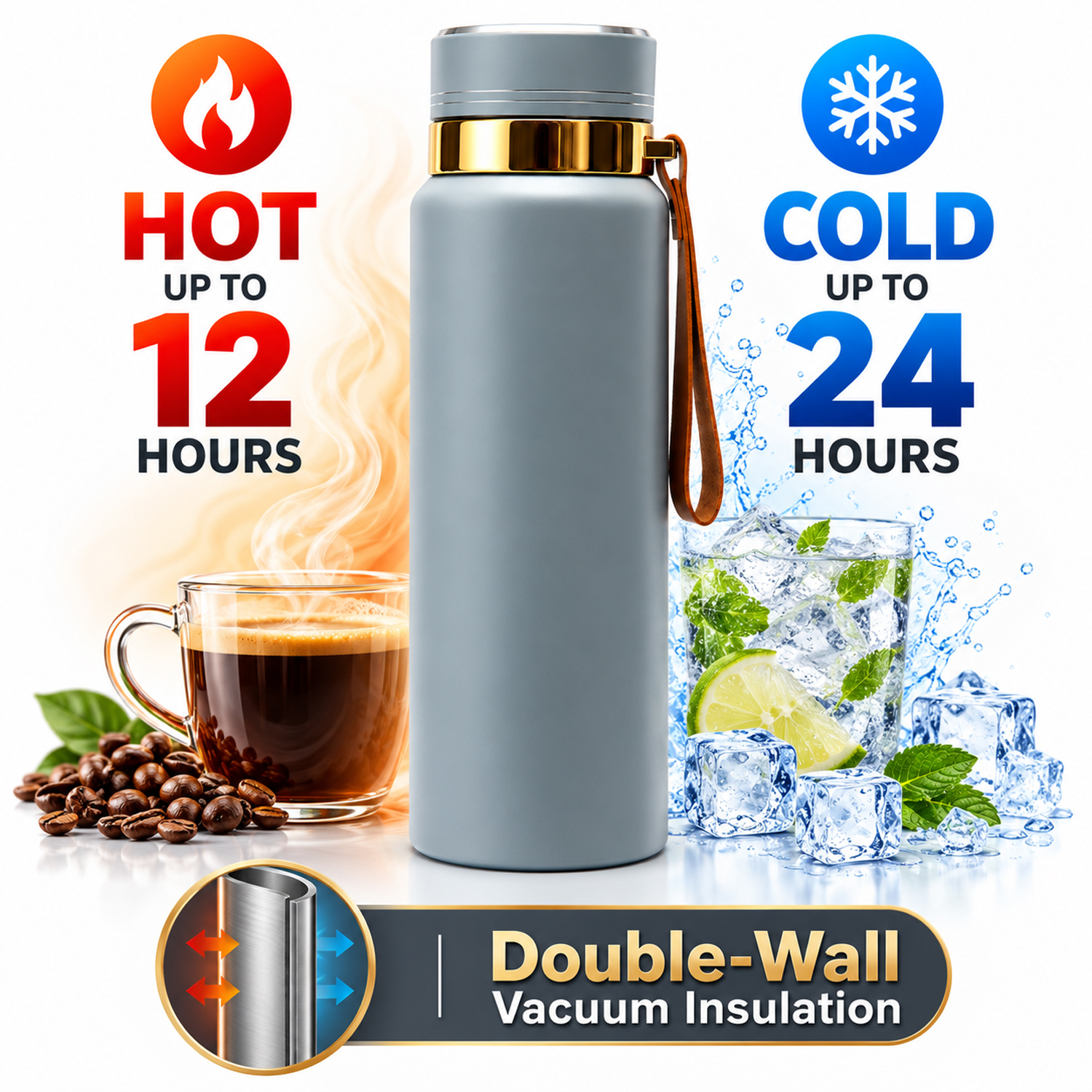 Water Bottle | Leakproof Stainless Steel Water Vacuum Flask 1000ml Grey color