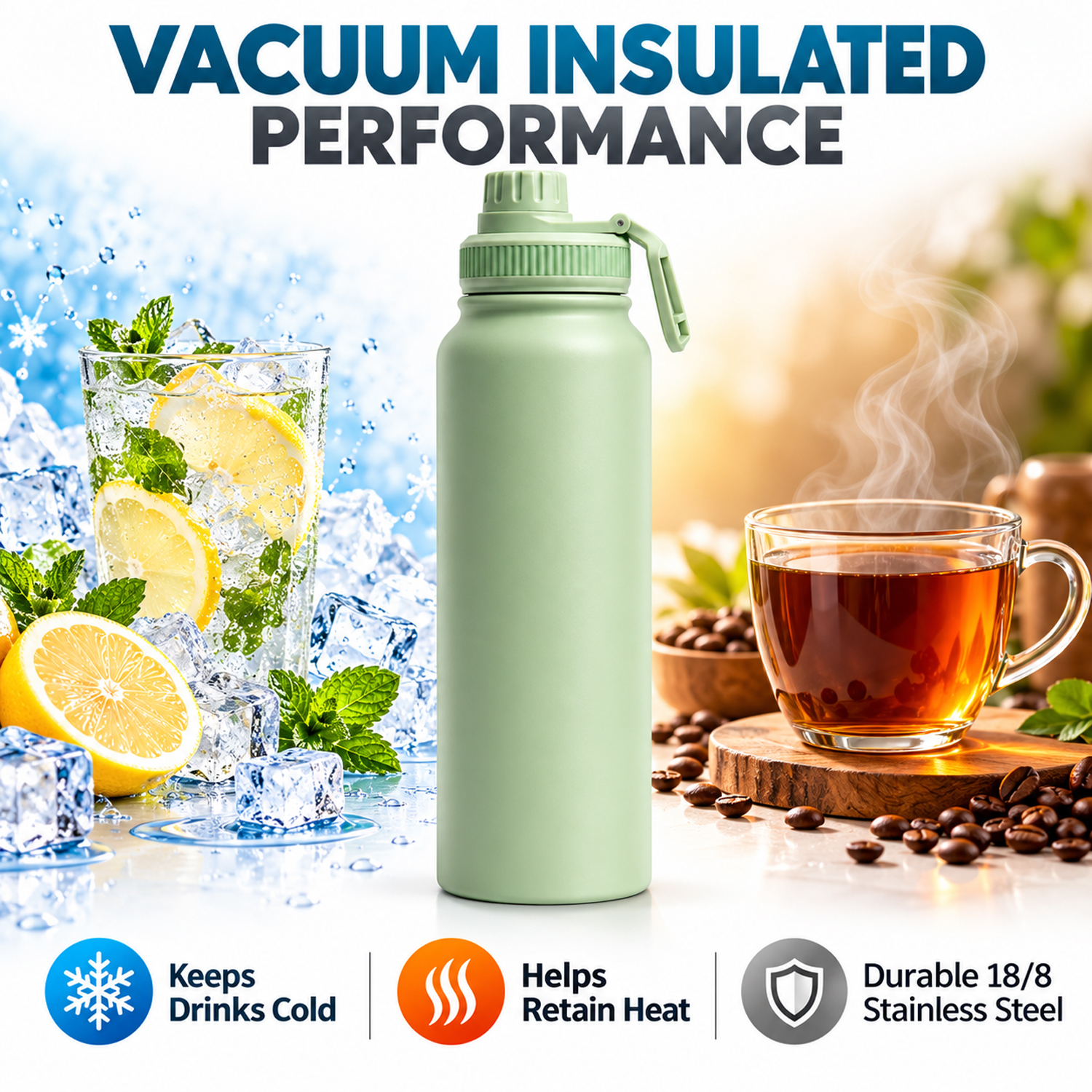Insulated Metal Stainless Steel Water Bottle Mint Green