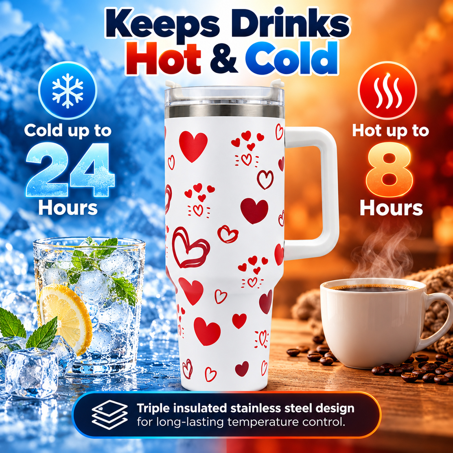 Valentine's Day Tumbler Gifts for Women Girls, Red Hearts Stainless Steel 1200ml Tumblers with Handle and Straw, Anniversary and love Wedding Water Bottle