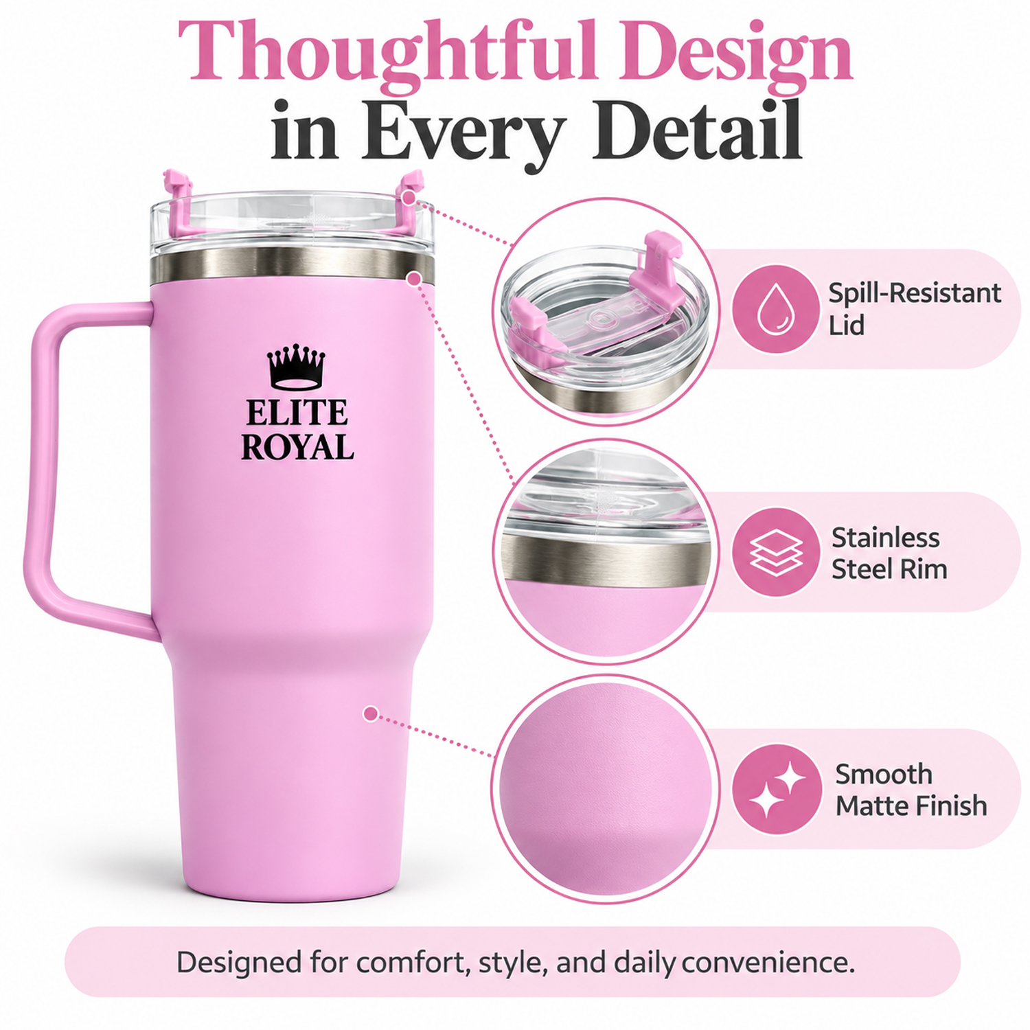 Elite Royal ORO Tumbler with Handle & Straw (Pink)