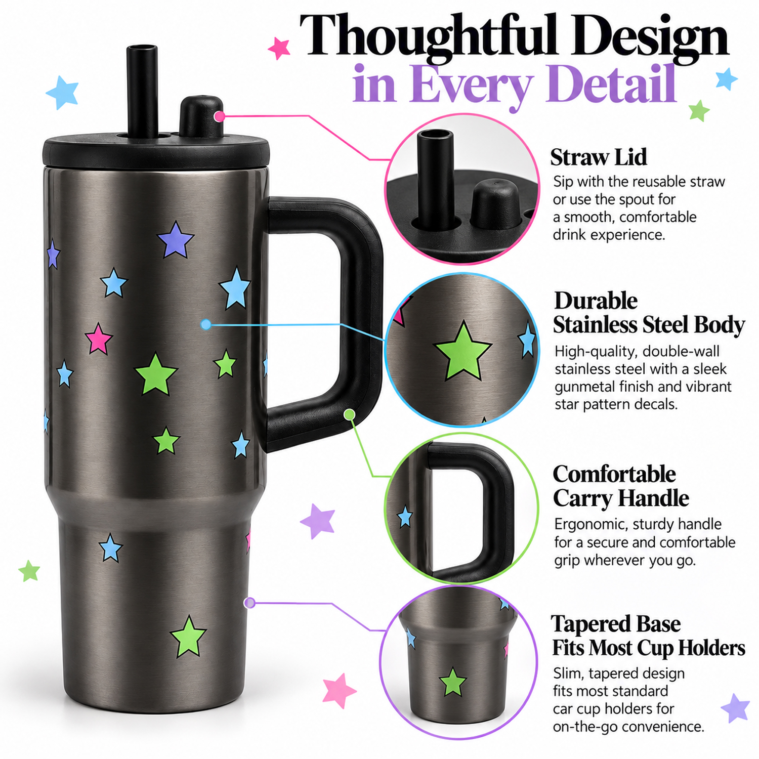 710ml Portability Tumbler with Handle Straw Lid Large Volume Stainless Steel Vacuum Insulated Cup Keep Cold Travel