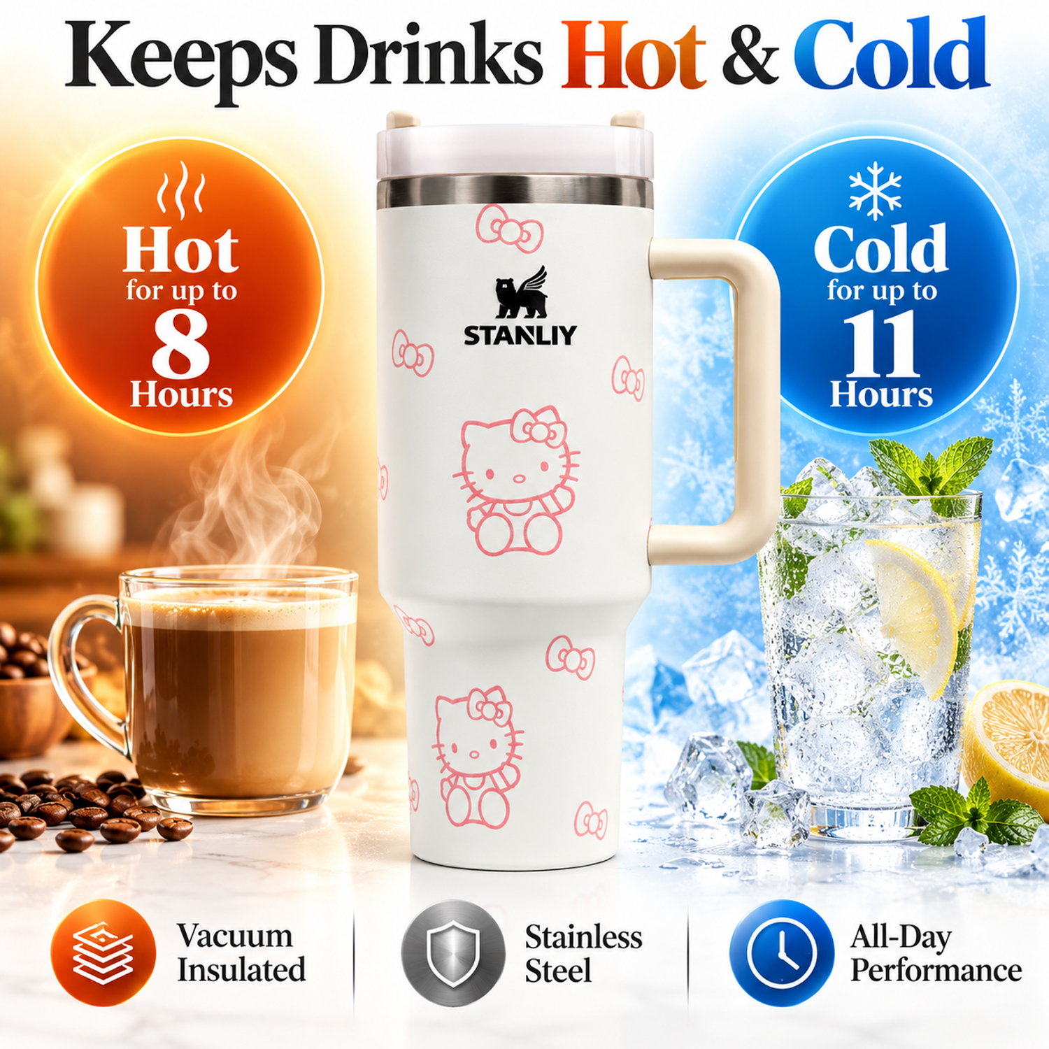 Stanley Insulated Tumbler with Handle –Stainless Steel Travel Mug, Keeps Drinks Cold 11 Hours & Hot 8 Hours (White Kitty)