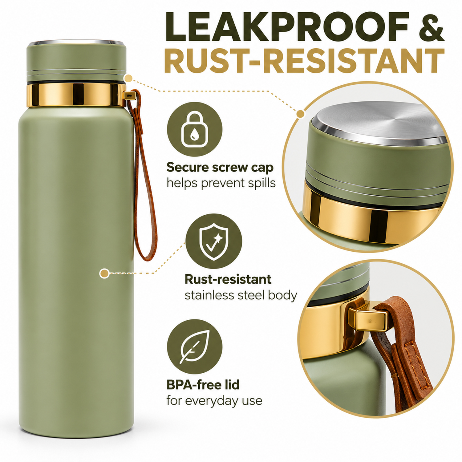 Water Bottle | Leakproof Stainless Steel Water Vacuum Flask 1000ml Olive