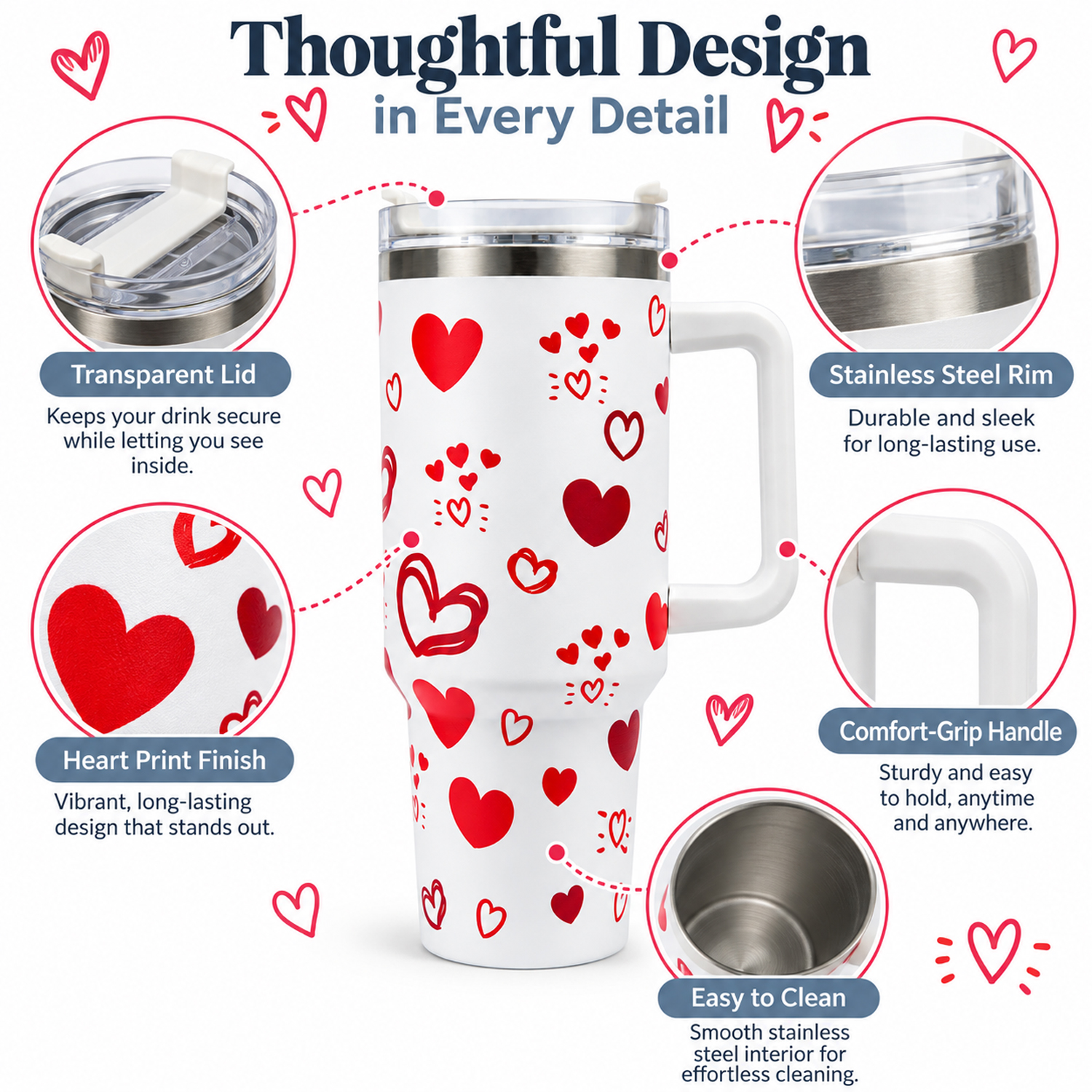 Valentine's Day Tumbler Gifts for Women Girls, Red Hearts Stainless Steel 1200ml Tumblers with Handle and Straw, Anniversary and love Wedding Water Bottle