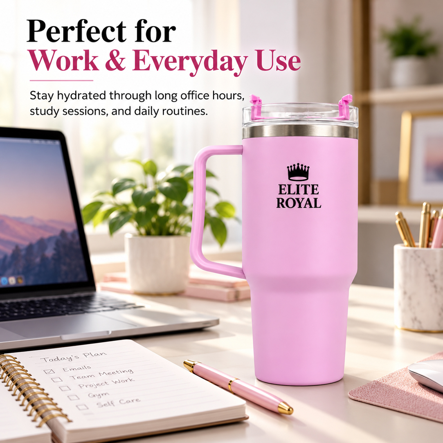 Elite Royal ORO Tumbler with Handle & Straw (Pink)