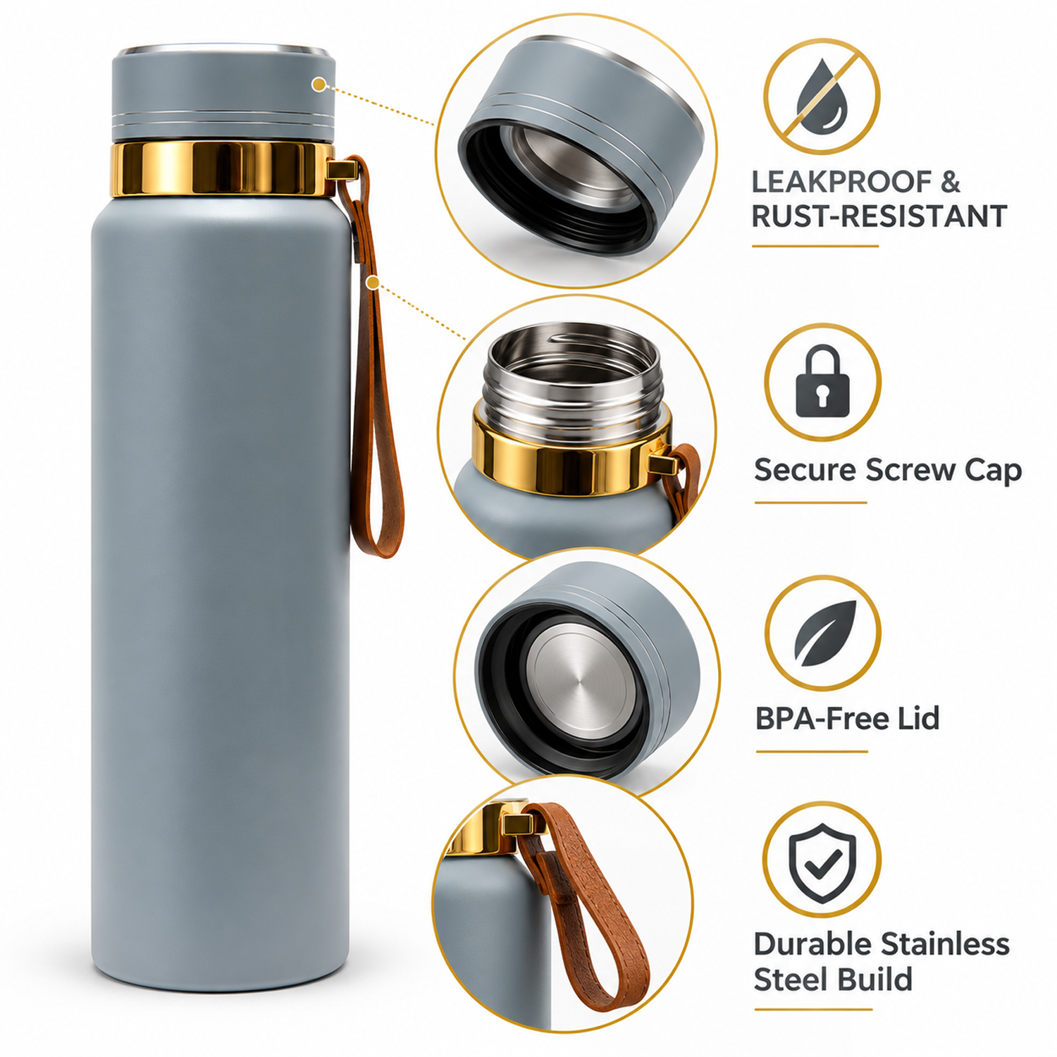 Water Bottle | Leakproof Stainless Steel Water Vacuum Flask 1000ml Grey color