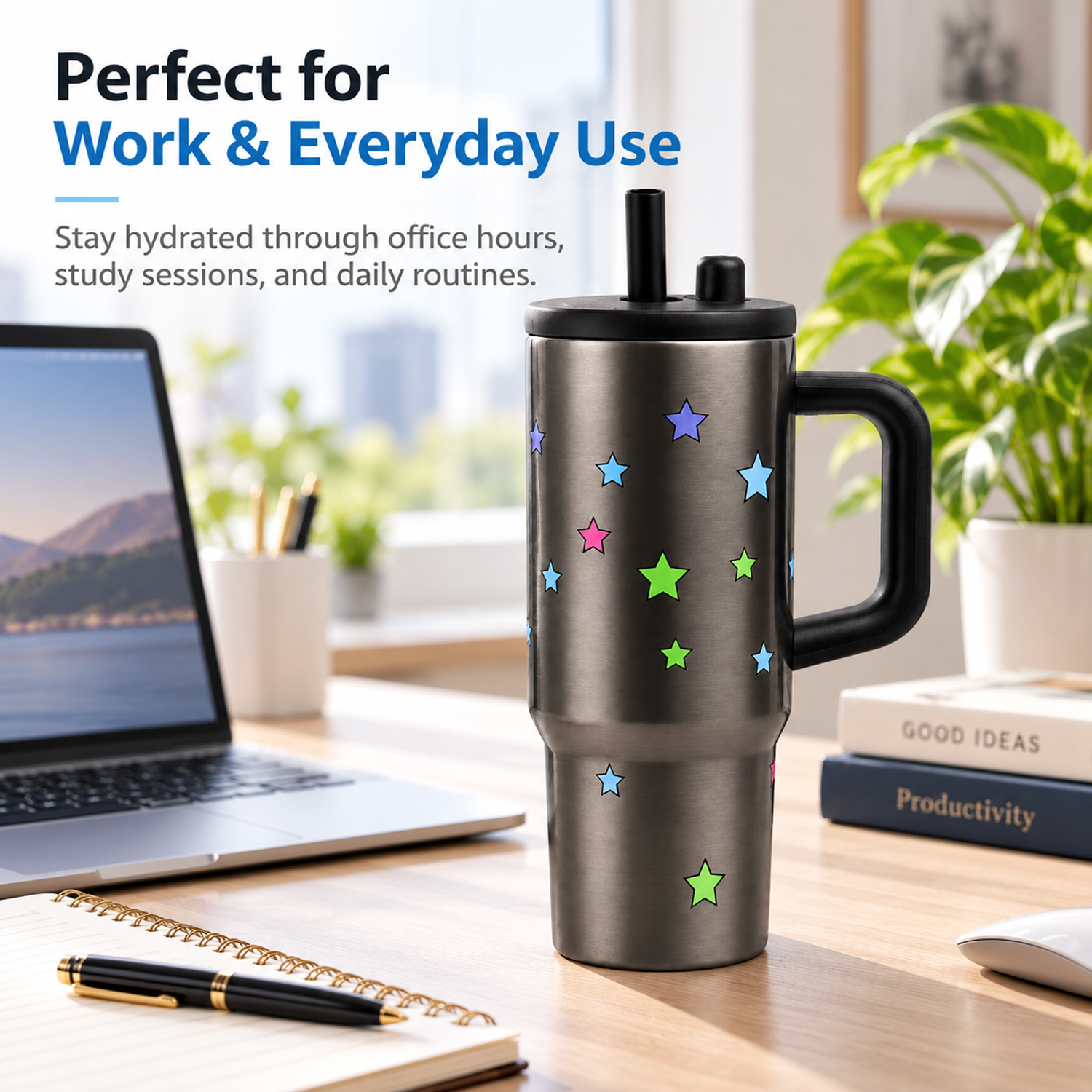 710ml Portability Tumbler with Handle Straw Lid Large Volume Stainless Steel Vacuum Insulated Cup Keep Cold Travel