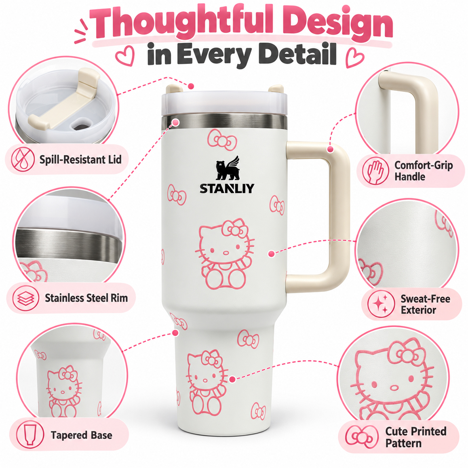 Stanley Insulated Tumbler with Handle –Stainless Steel Travel Mug, Keeps Drinks Cold 11 Hours & Hot 8 Hours (White Kitty)