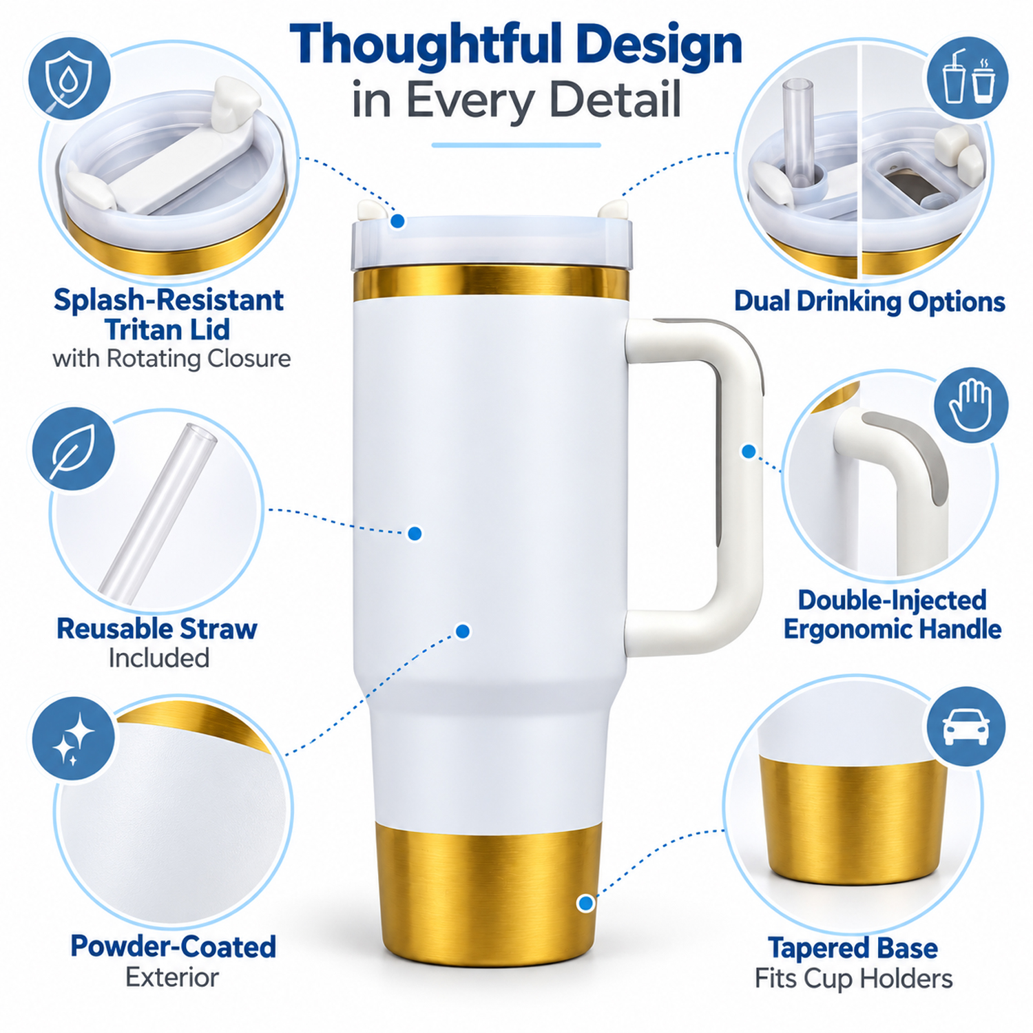 40 oz 1200ml Vacuum Insulated Tumbler - Recycled Stainless Steel Double Wall Travel with Dual Lid, Powder Coated Insulated Coffee Mug For Hot Cold Drinks, color gold white