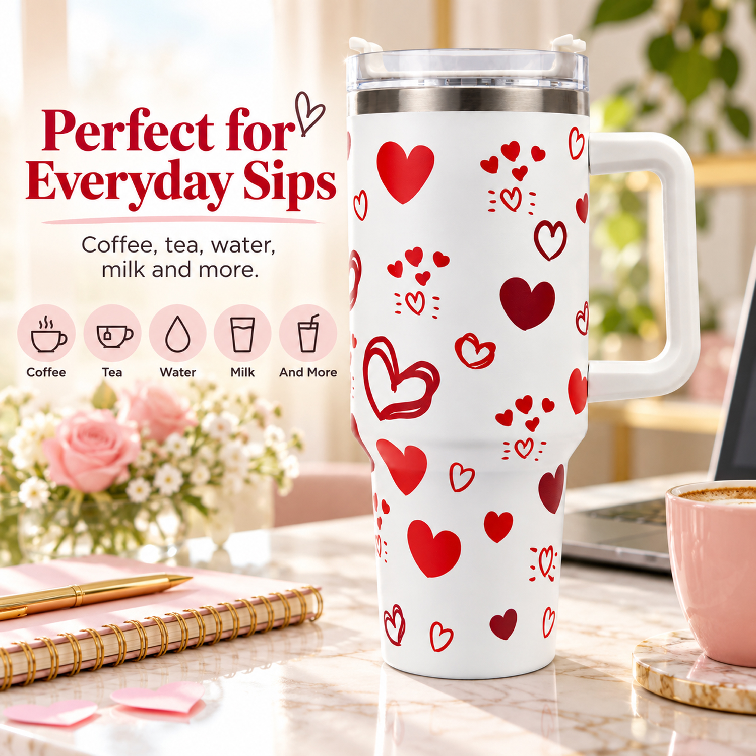 Valentine's Day Tumbler Gifts for Women Girls, Red Hearts Stainless Steel 1200ml Tumblers with Handle and Straw, Anniversary and love Wedding Water Bottle