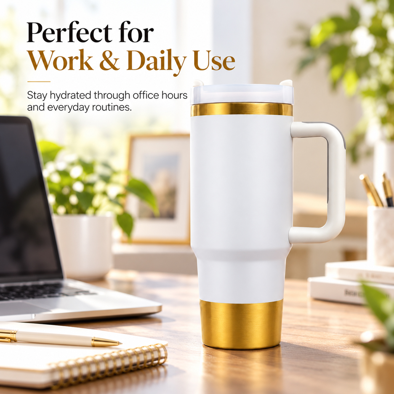 40 oz 1200ml Vacuum Insulated Tumbler - Recycled Stainless Steel Double Wall Travel with Dual Lid, Powder Coated Insulated Coffee Mug For Hot Cold Drinks, color gold white