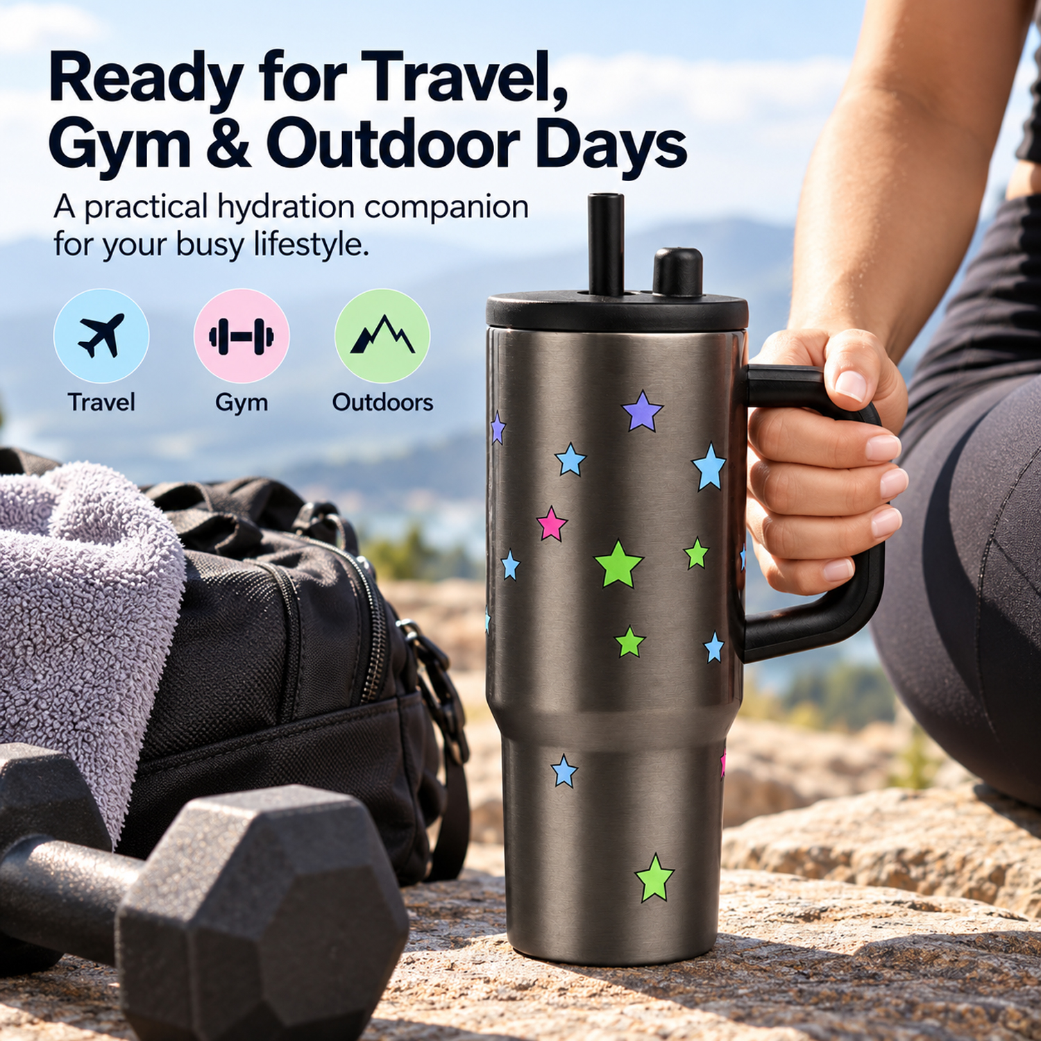 710ml Portability Tumbler with Handle Straw Lid Large Volume Stainless Steel Vacuum Insulated Cup Keep Cold Travel
