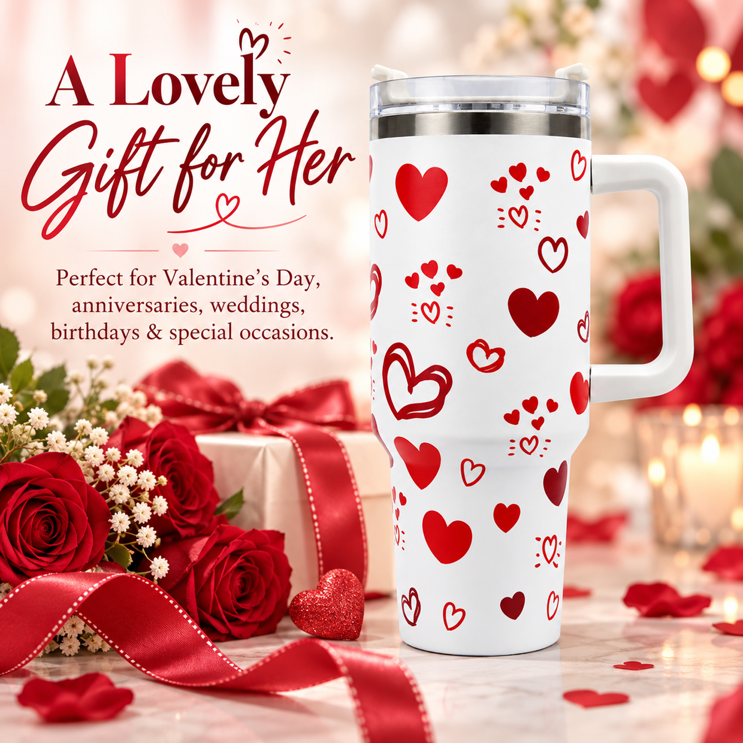Valentine's Day Tumbler Gifts for Women Girls, Red Hearts Stainless Steel 1200ml Tumblers with Handle and Straw, Anniversary and love Wedding Water Bottle