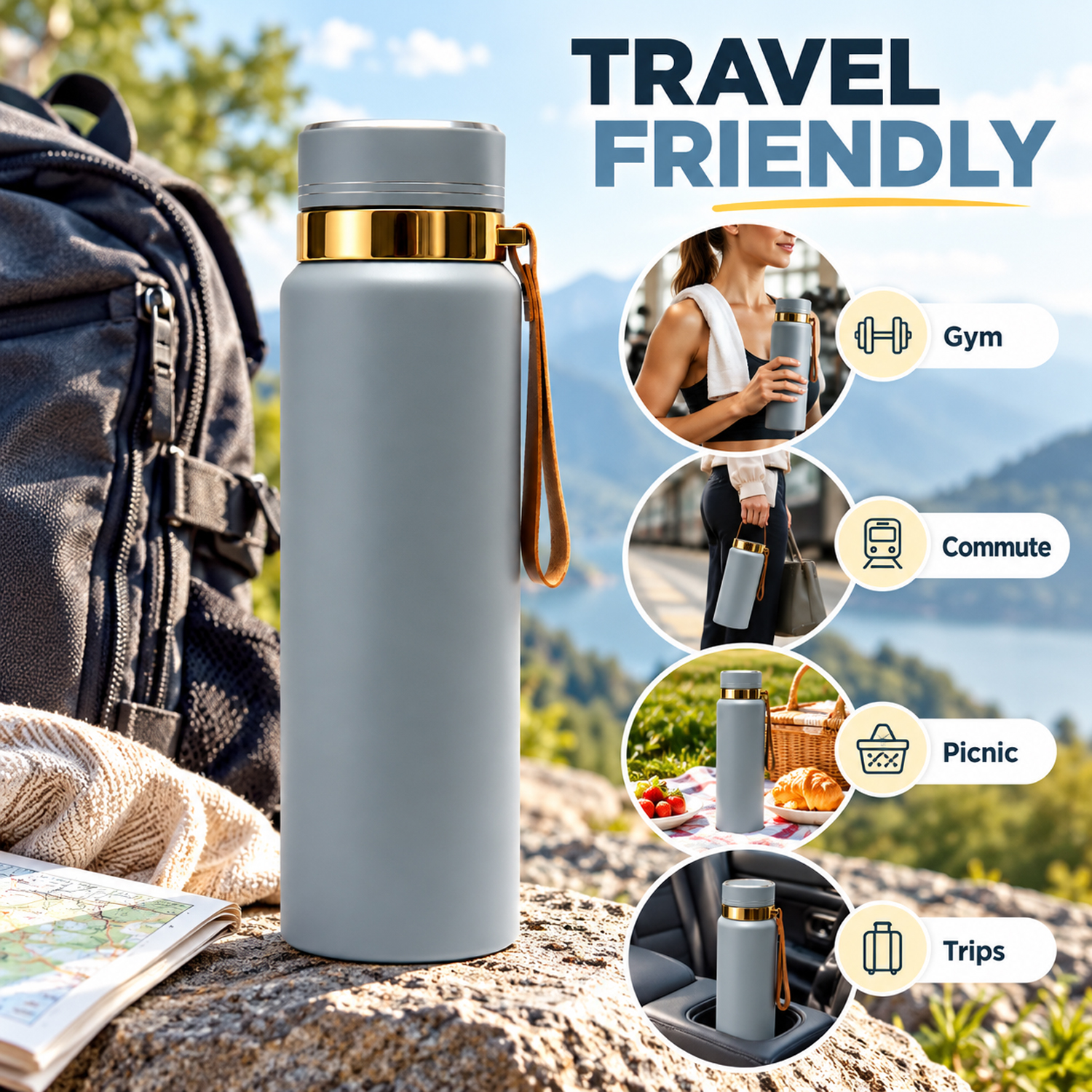 Water Bottle | Leakproof Stainless Steel Water Vacuum Flask 1000ml Grey color