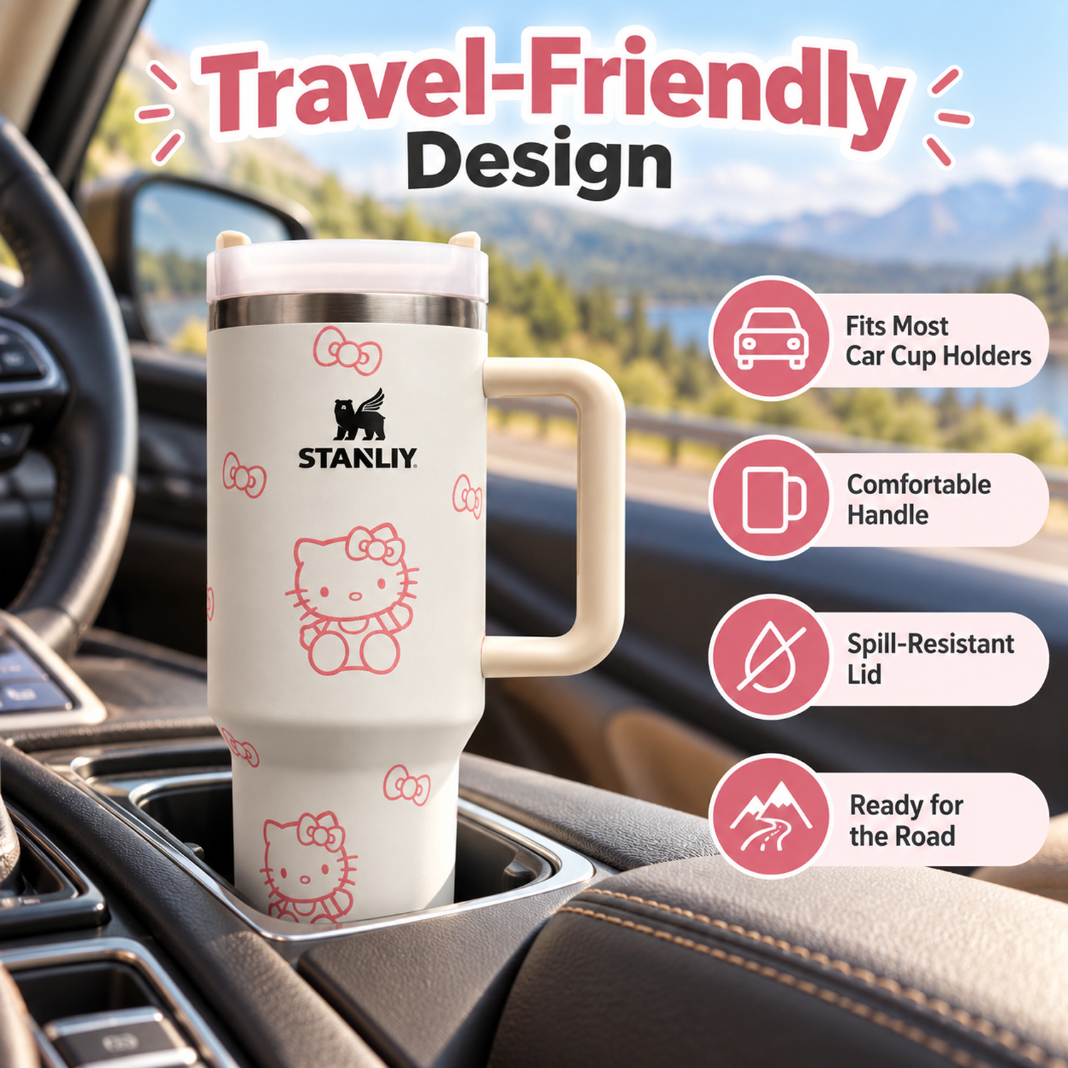 Stanley Insulated Tumbler with Handle –Stainless Steel Travel Mug, Keeps Drinks Cold 11 Hours & Hot 8 Hours (White Kitty)