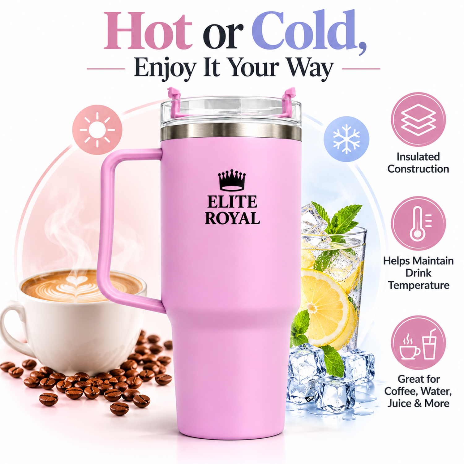 Elite Royal ORO Tumbler with Handle & Straw (Pink)