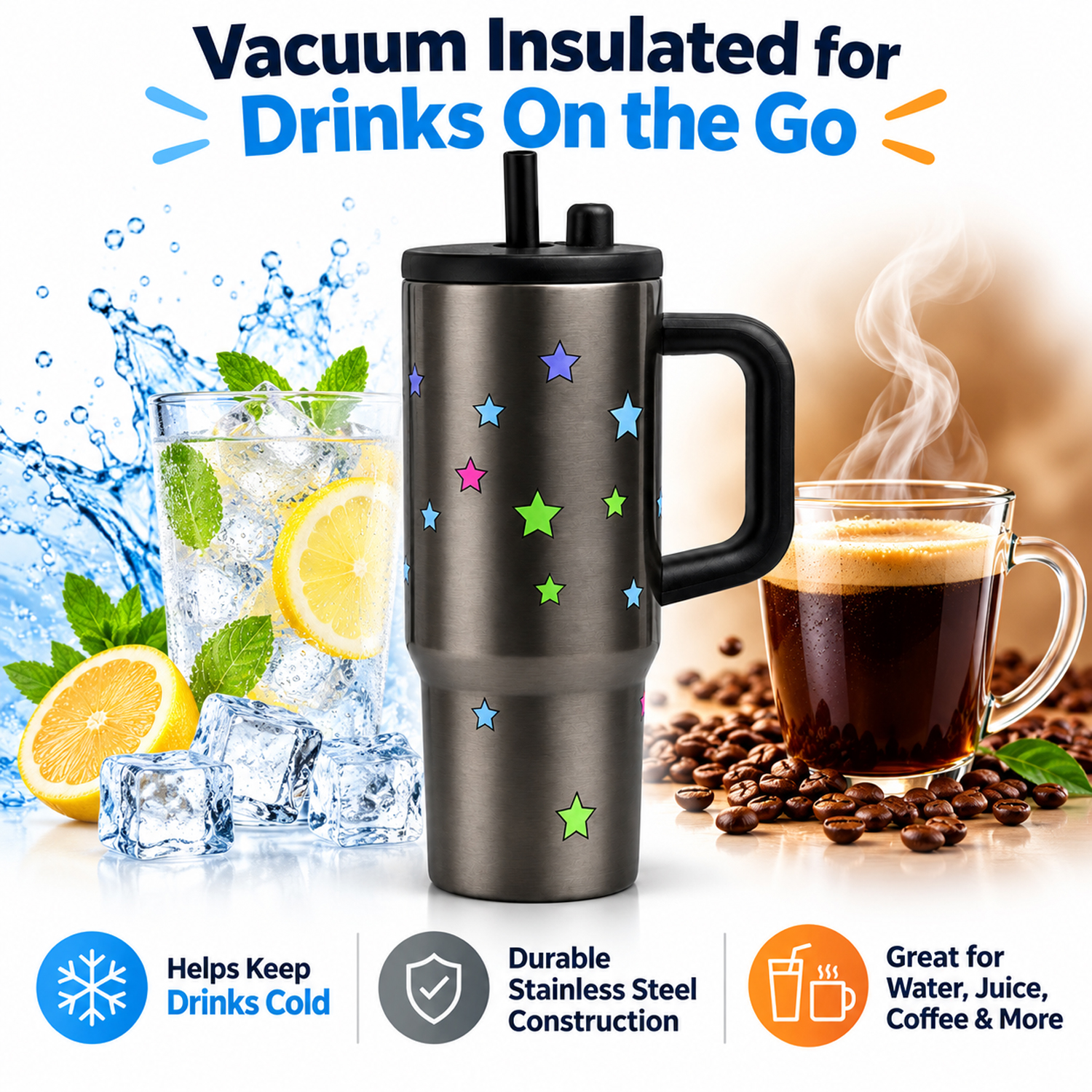 710ml Portability Tumbler with Handle Straw Lid Large Volume Stainless Steel Vacuum Insulated Cup Keep Cold Travel