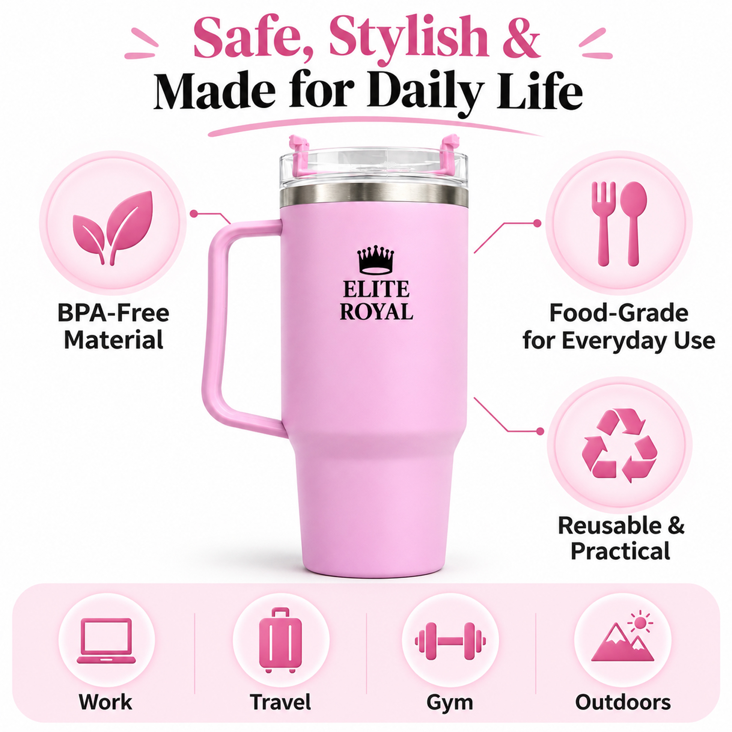 Elite Royal ORO Tumbler with Handle & Straw (Pink)