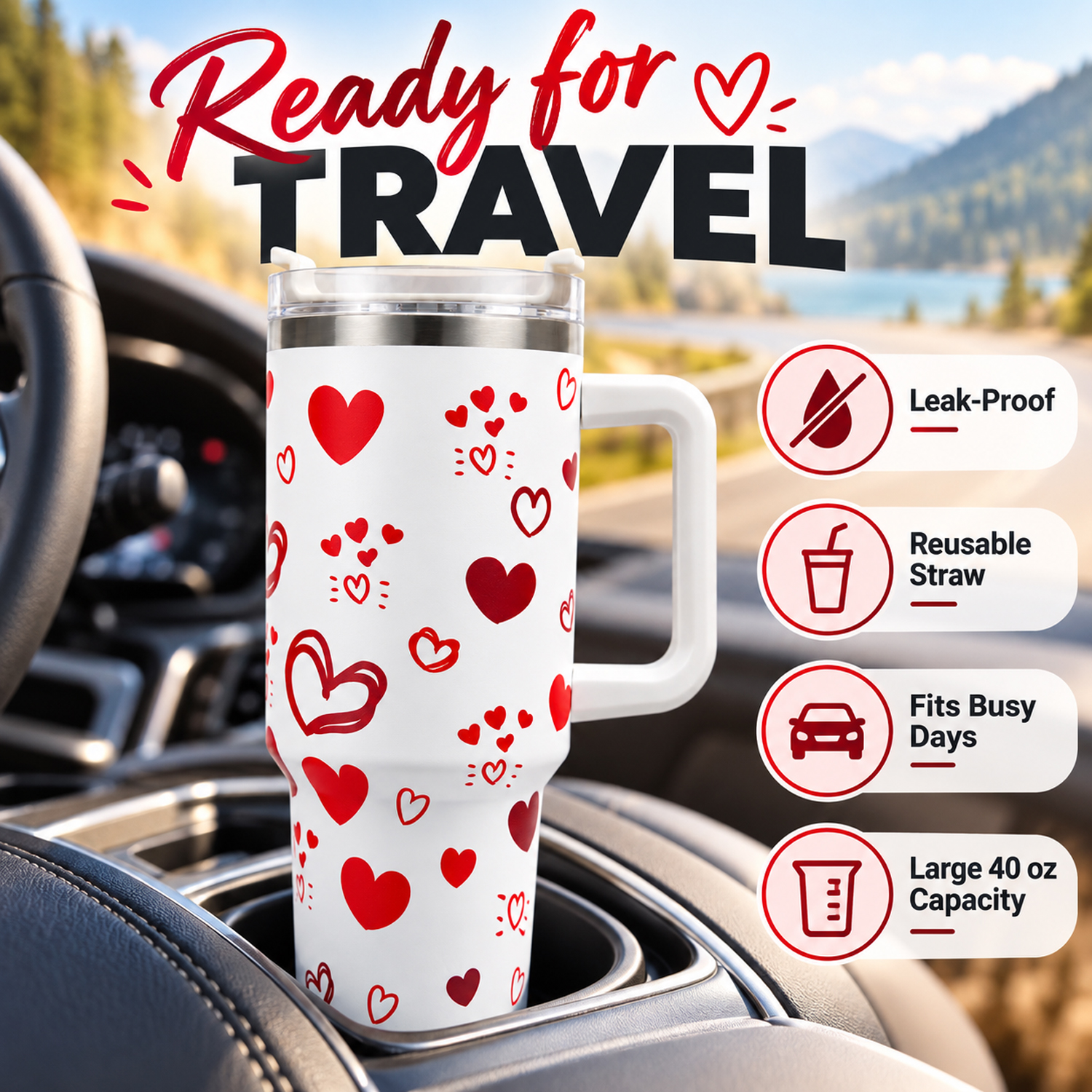 Valentine's Day Tumbler Gifts for Women Girls, Red Hearts Stainless Steel 1200ml Tumblers with Handle and Straw, Anniversary and love Wedding Water Bottle