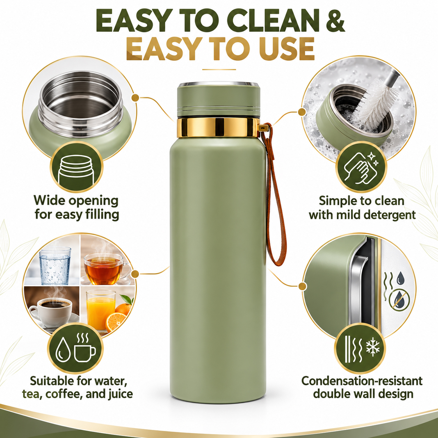 Water Bottle | Leakproof Stainless Steel Water Vacuum Flask 1000ml Olive